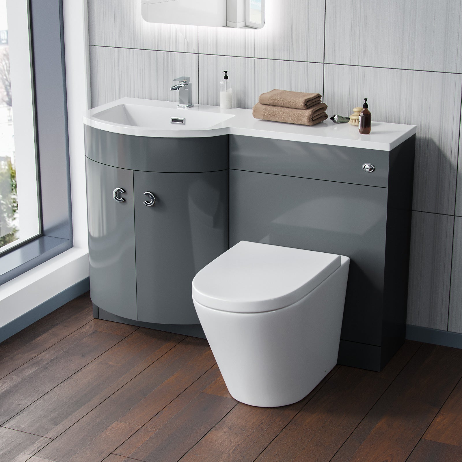 Grey 1100mm LH BTW Soft Close Toilet & Resin Basin