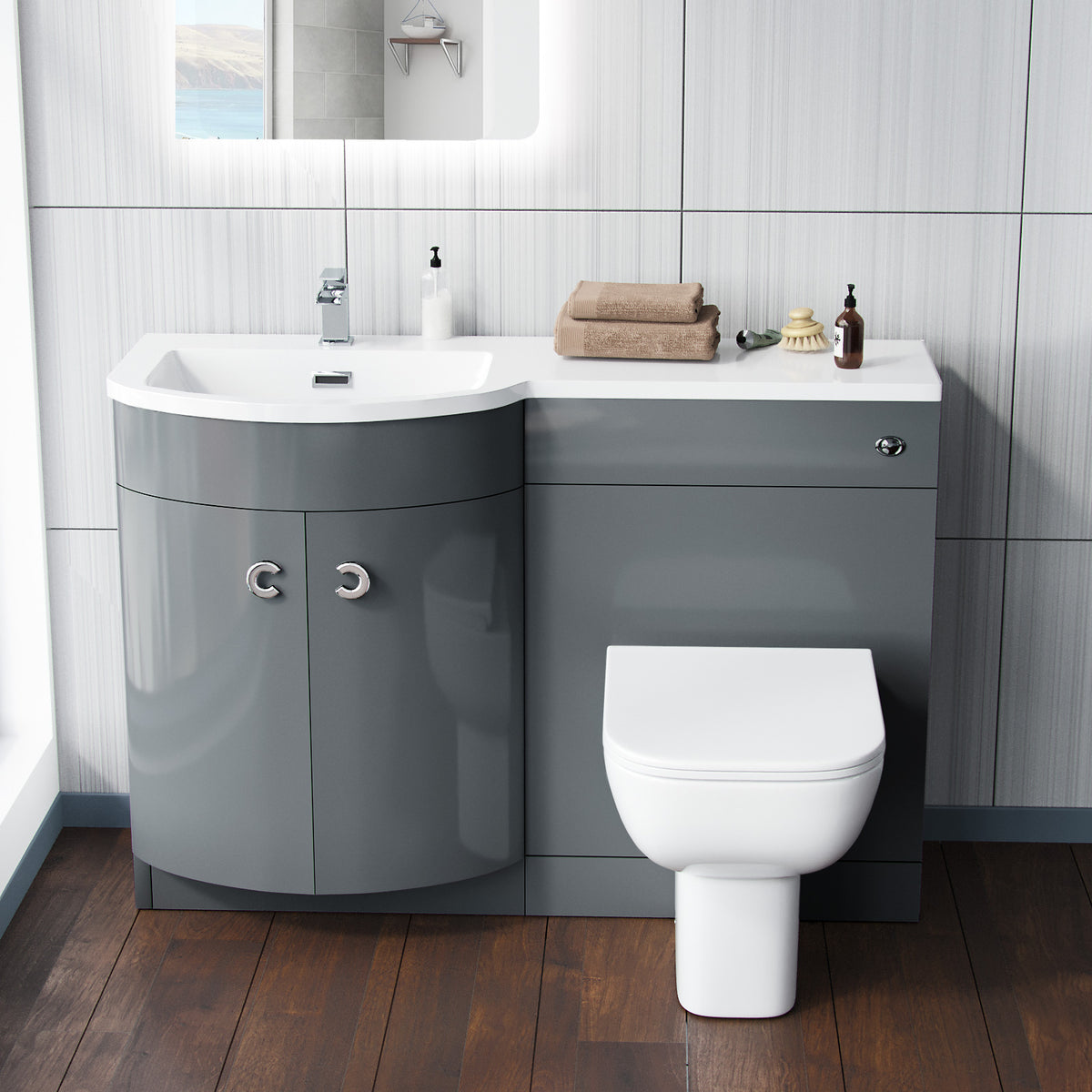 Dene Grey 1100 mm P Shaped Left Hand Vanity Basin Cabinet and WC BTW Toilet