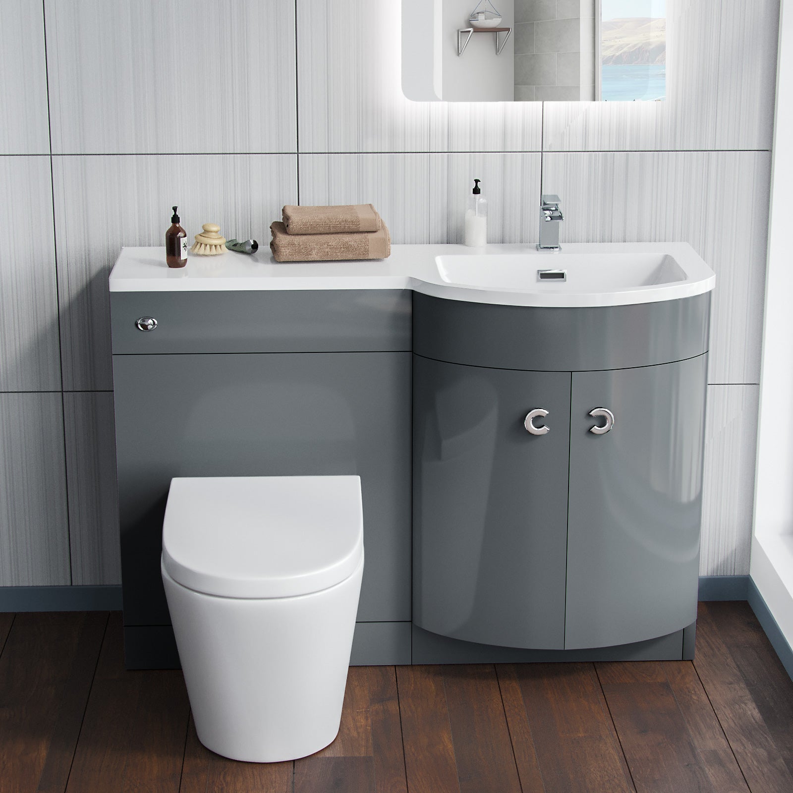 Grey 1100 RH Back To Wall Soft Close Toilet & Resin Basin