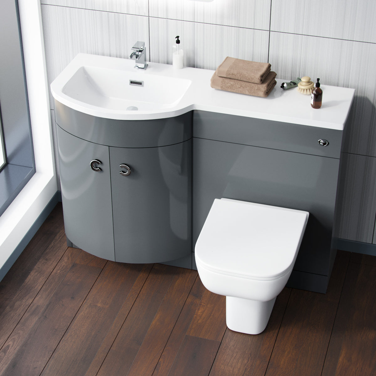 Dene Grey 1100 mm P Shaped Left Hand Vanity Basin Cabinet and WC BTW Toilet