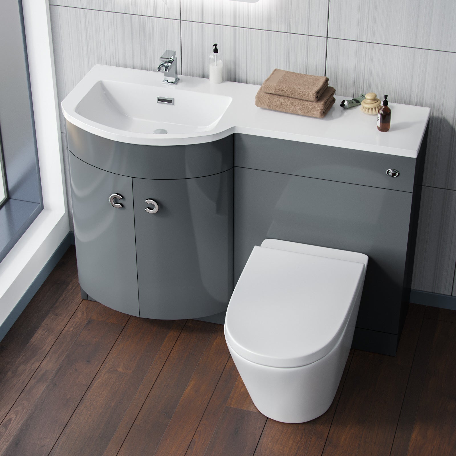 Grey 1100mm LH BTW Soft Close Toilet & Resin Basin