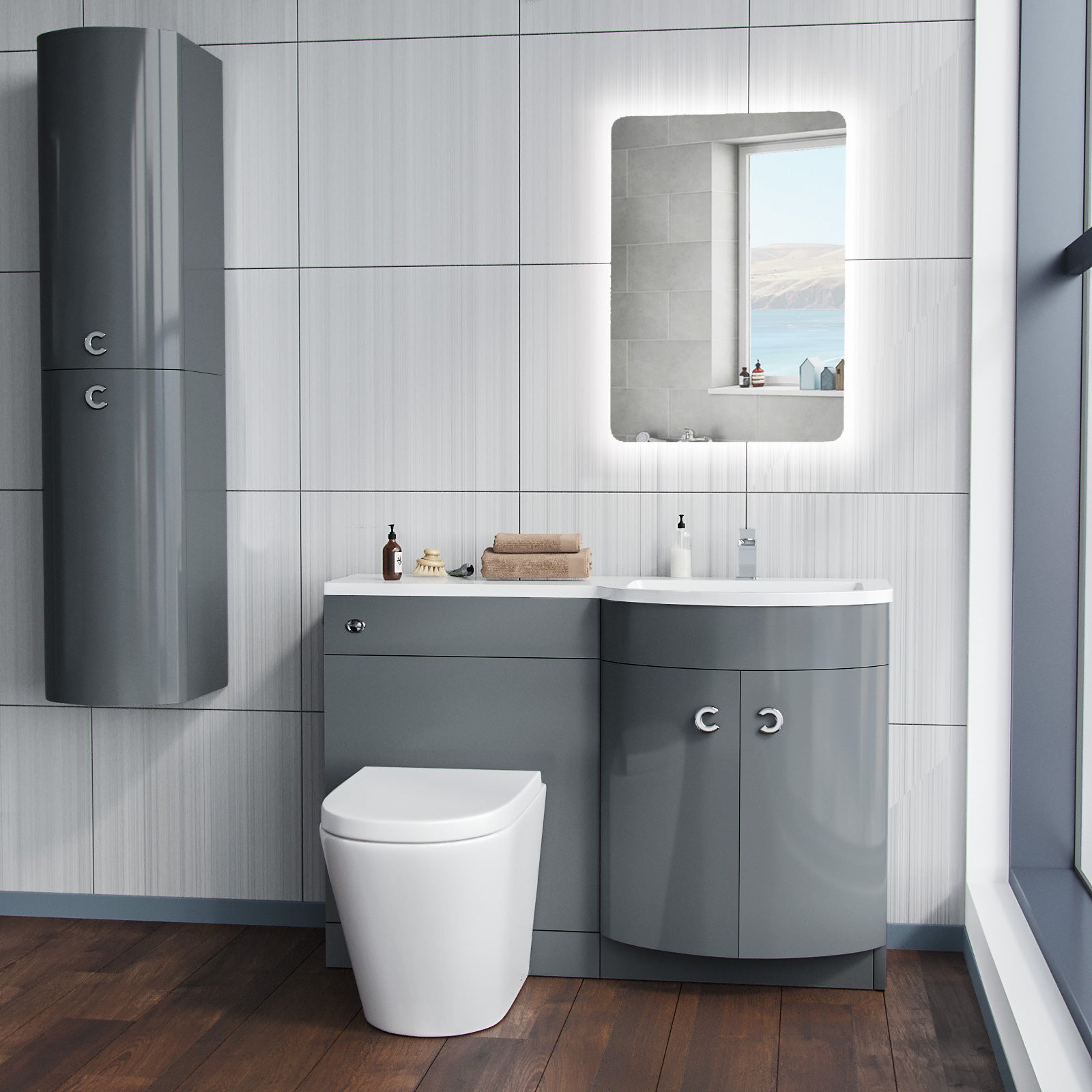 Grey 1100 RH Back To Wall Soft Close Toilet & Resin Basin