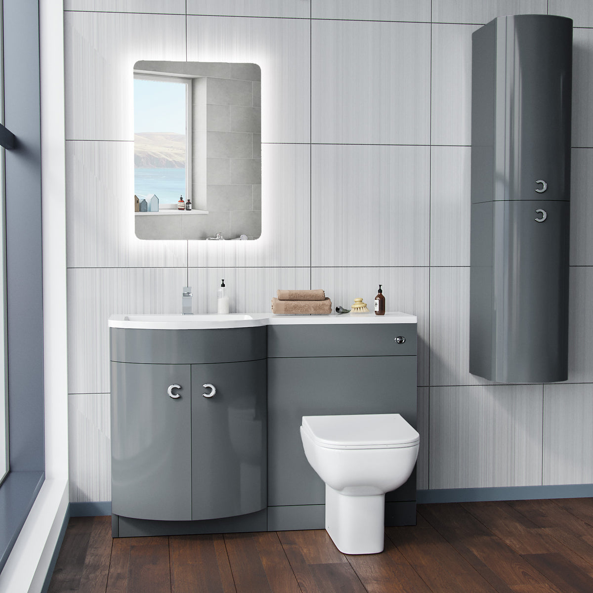 Dene Grey 1100 mm P Shaped Left Hand Vanity Basin Cabinet and WC BTW Toilet