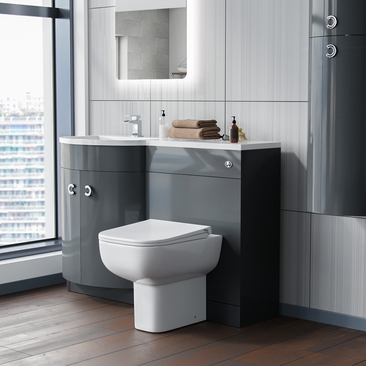 Dene Grey 1100 mm P Shaped Left Hand Vanity Basin Cabinet and WC BTW Toilet