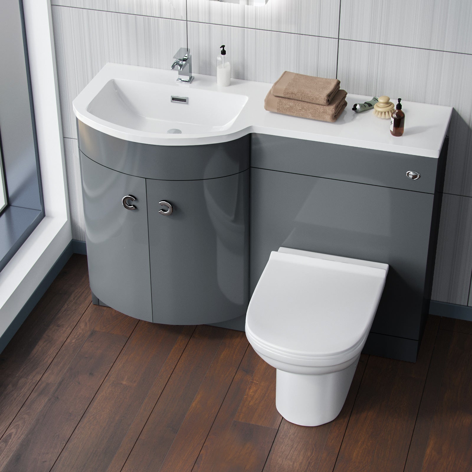 Dene Grey 1100mm Bathroom Basin LH Sink Vanity Unit Back To Wall WC Toilet