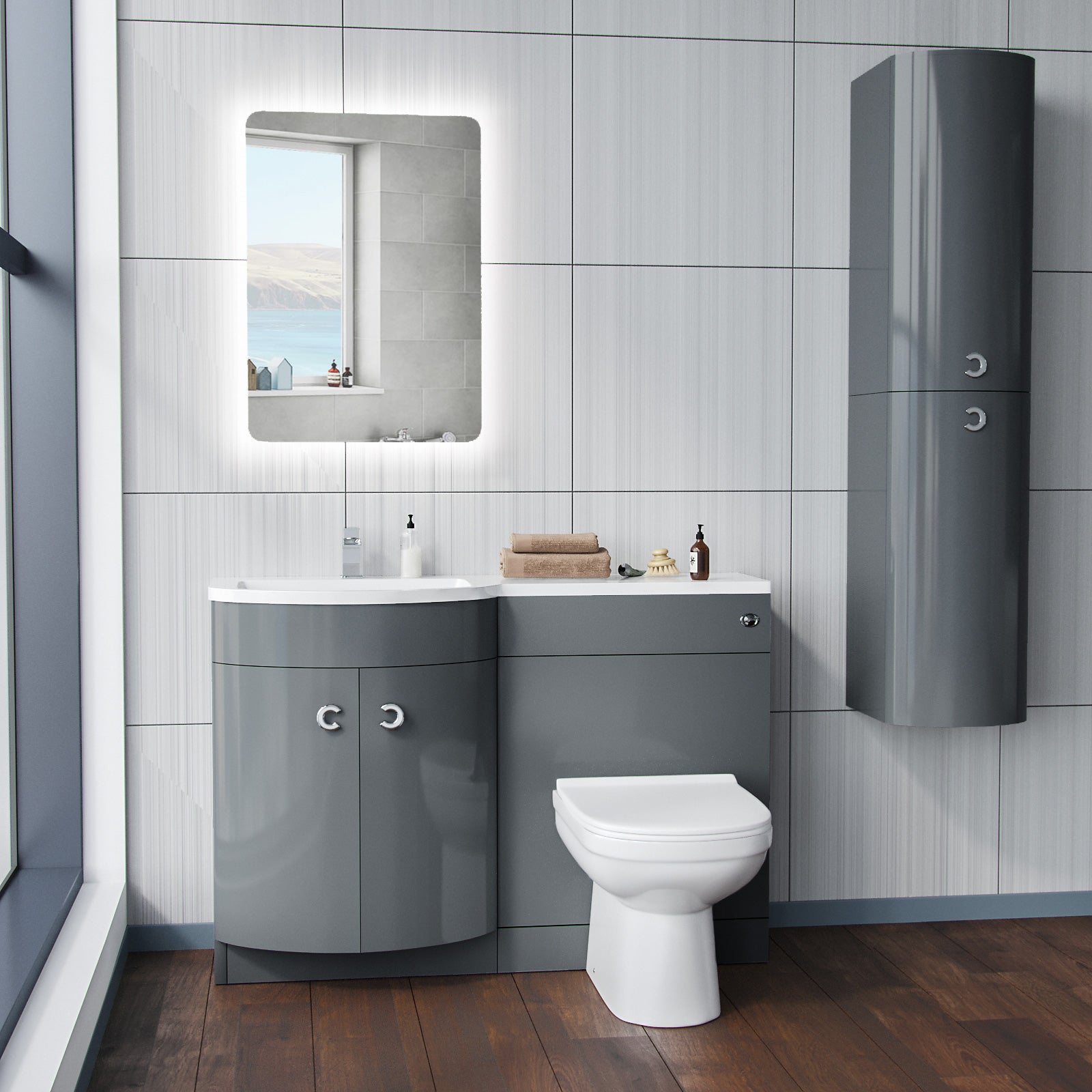 Dene Grey 1100mm Bathroom Basin LH Sink Vanity Unit Back To Wall WC Toilet