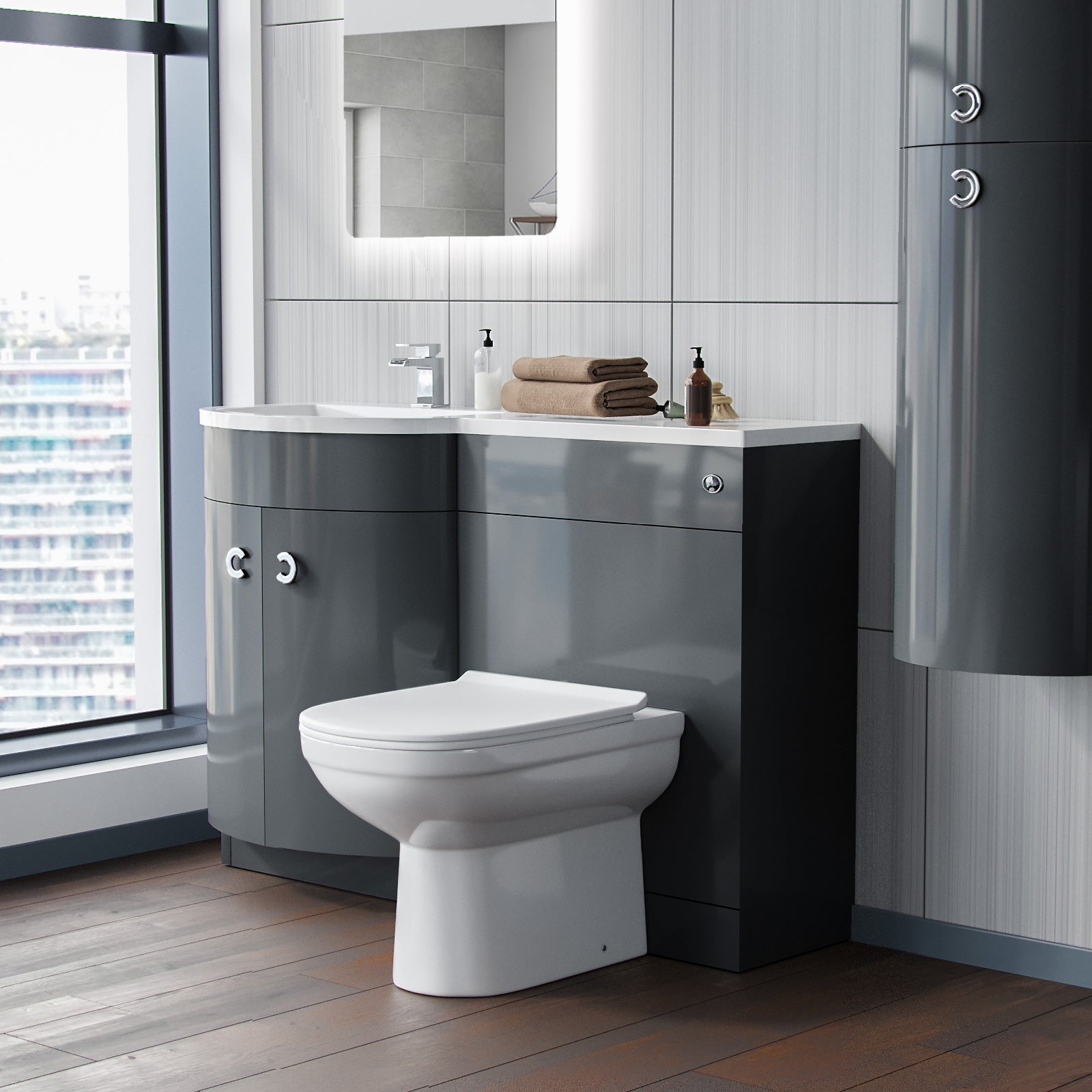 Dene Grey 1100mm Bathroom Basin LH Sink Vanity Unit Back To Wall WC Toilet