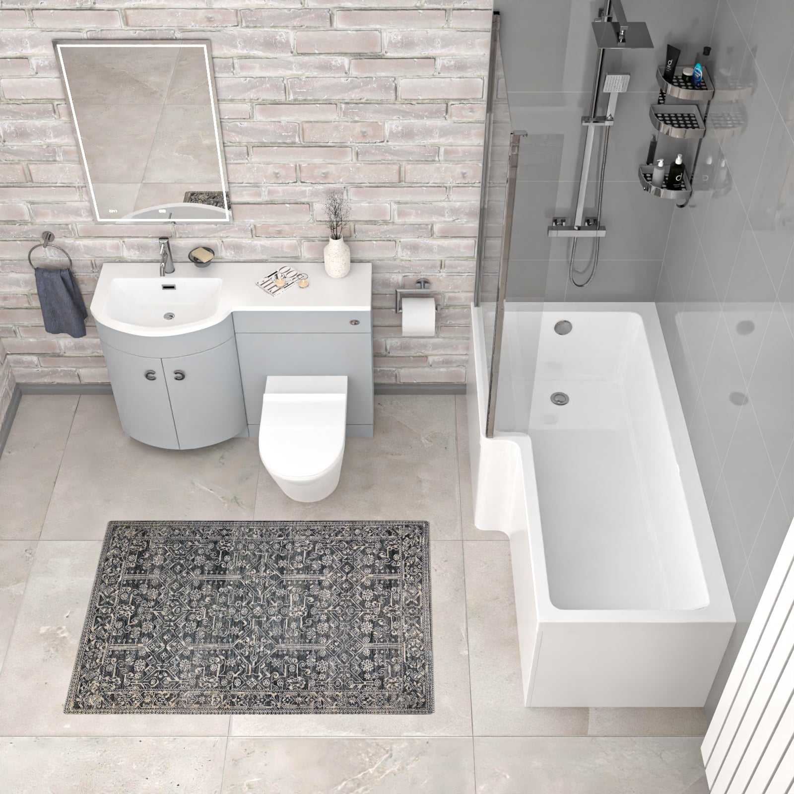 Dene L-Shaped LH Bath Matte Grey Basin Vanity Unit & Rimless BTW Toilet