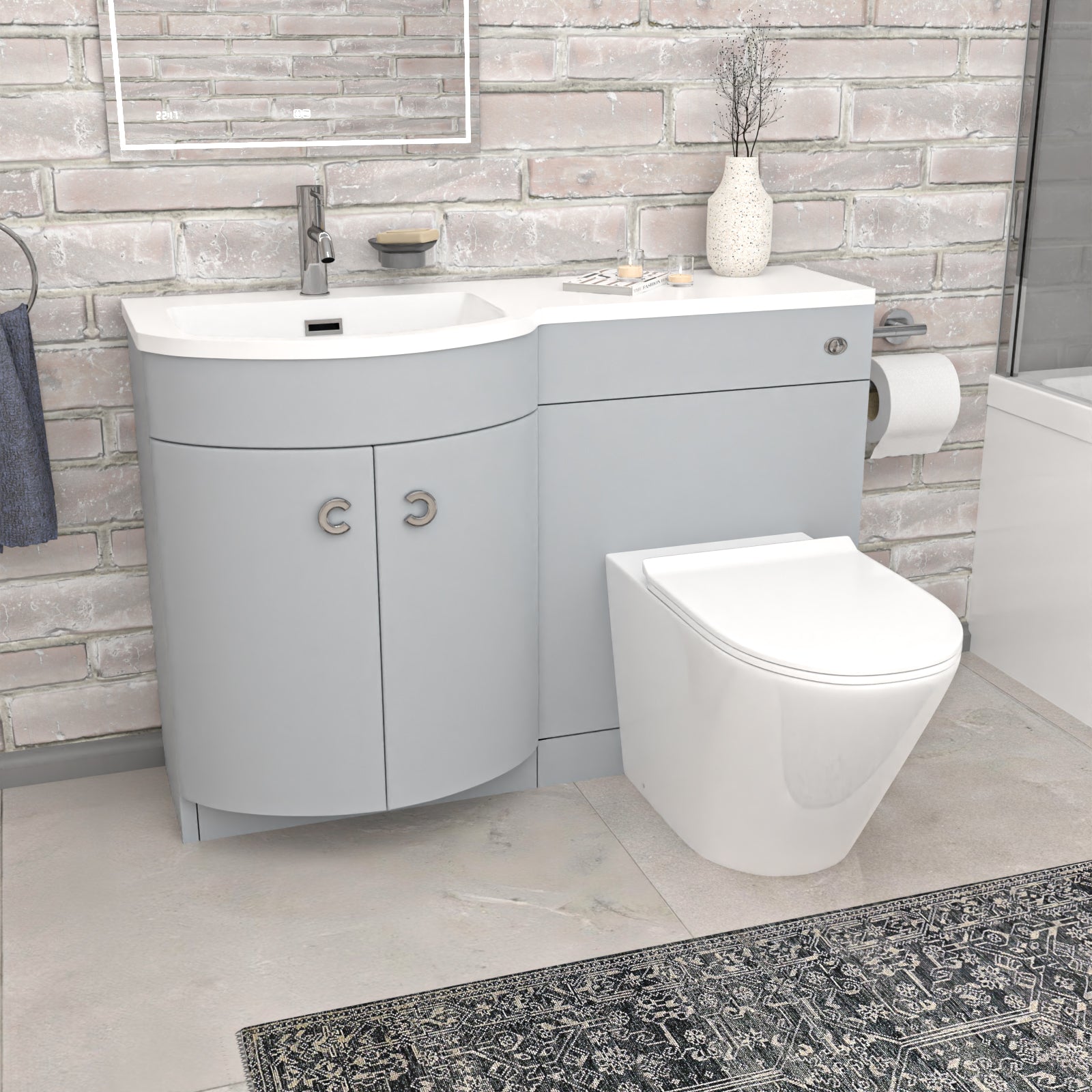 Dene L-Shaped LH Bath Matte Grey Basin Vanity Unit & Rimless BTW Toilet