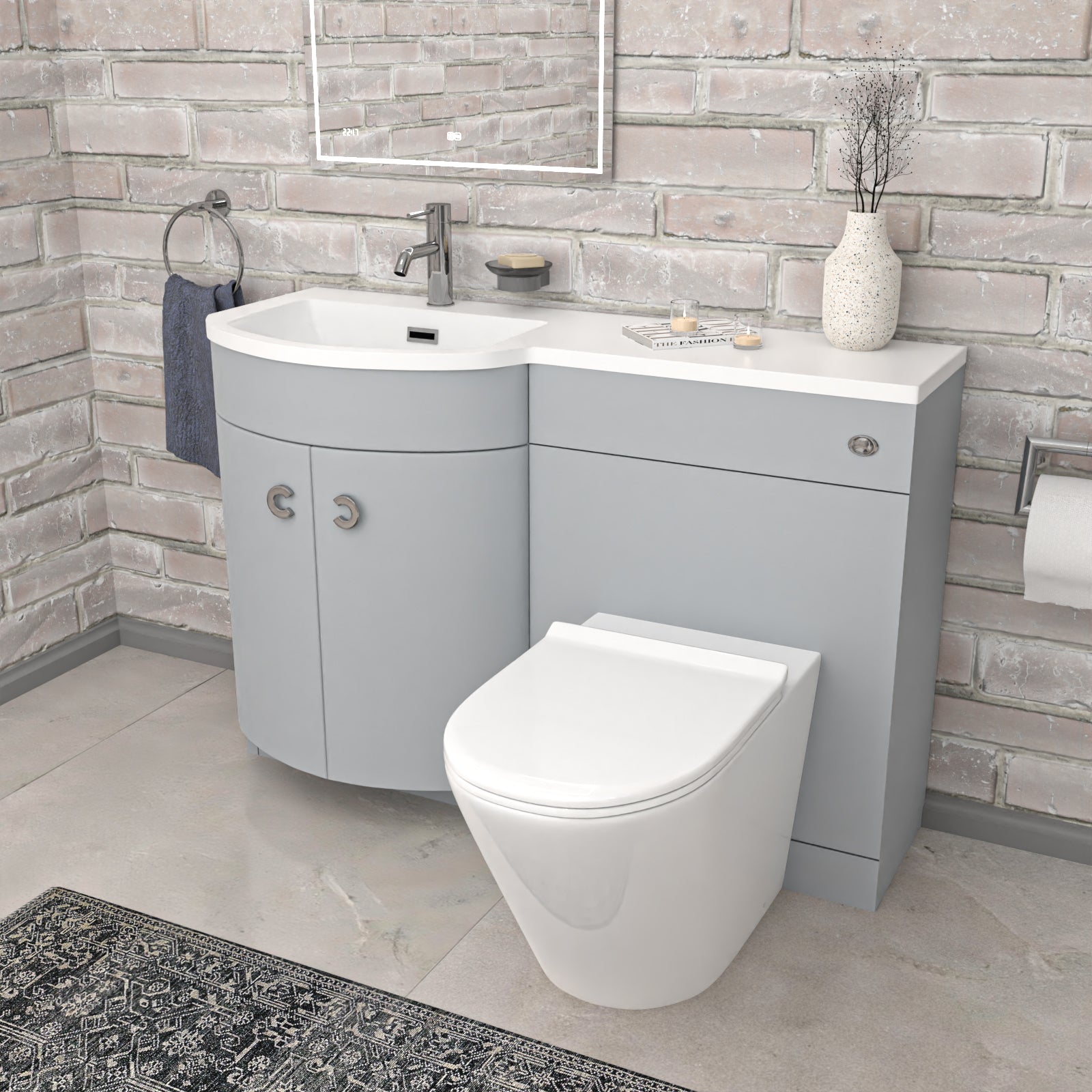 Dene L-Shaped LH Bath Matte Grey Basin Vanity Unit & Rimless BTW Toilet