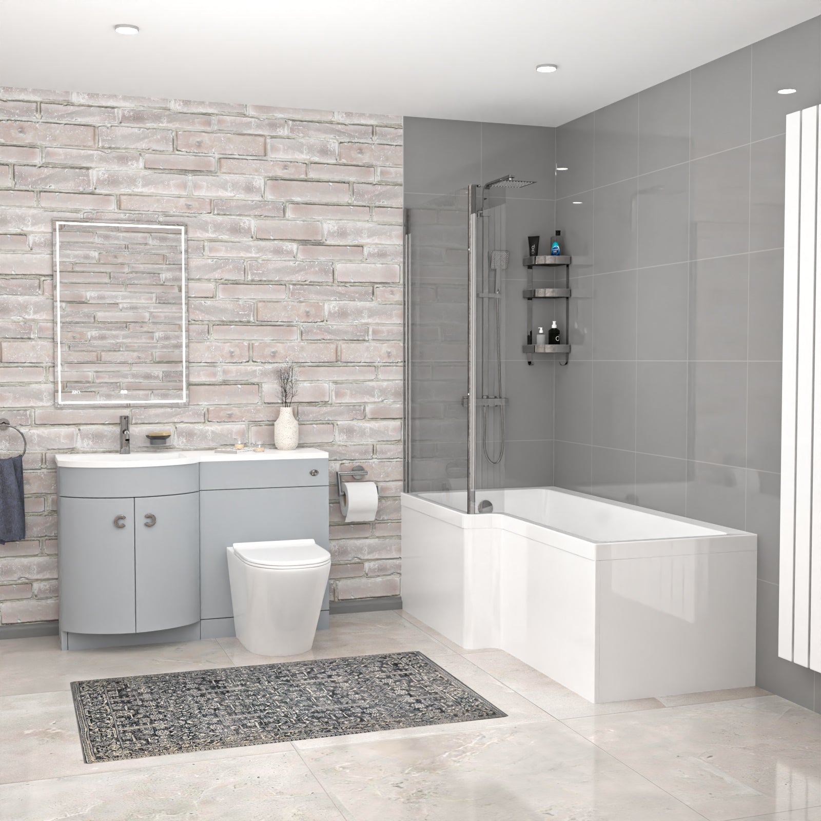 Dene L-Shaped LH Bath Matte Grey Basin Vanity Unit & Rimless BTW Toilet