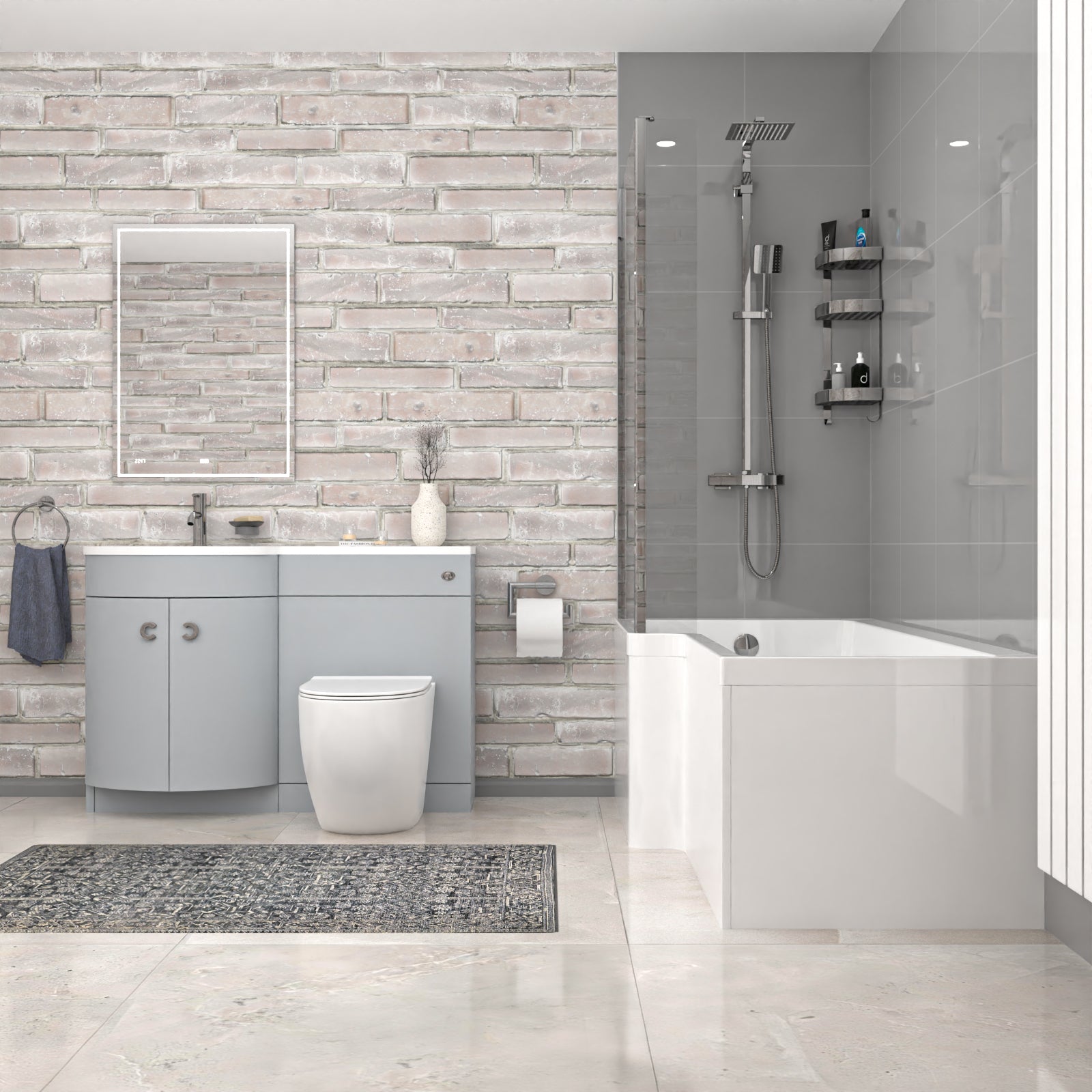 Dene L-Shaped LH Bath Matte Grey Basin Vanity Unit & White BTW Toilet