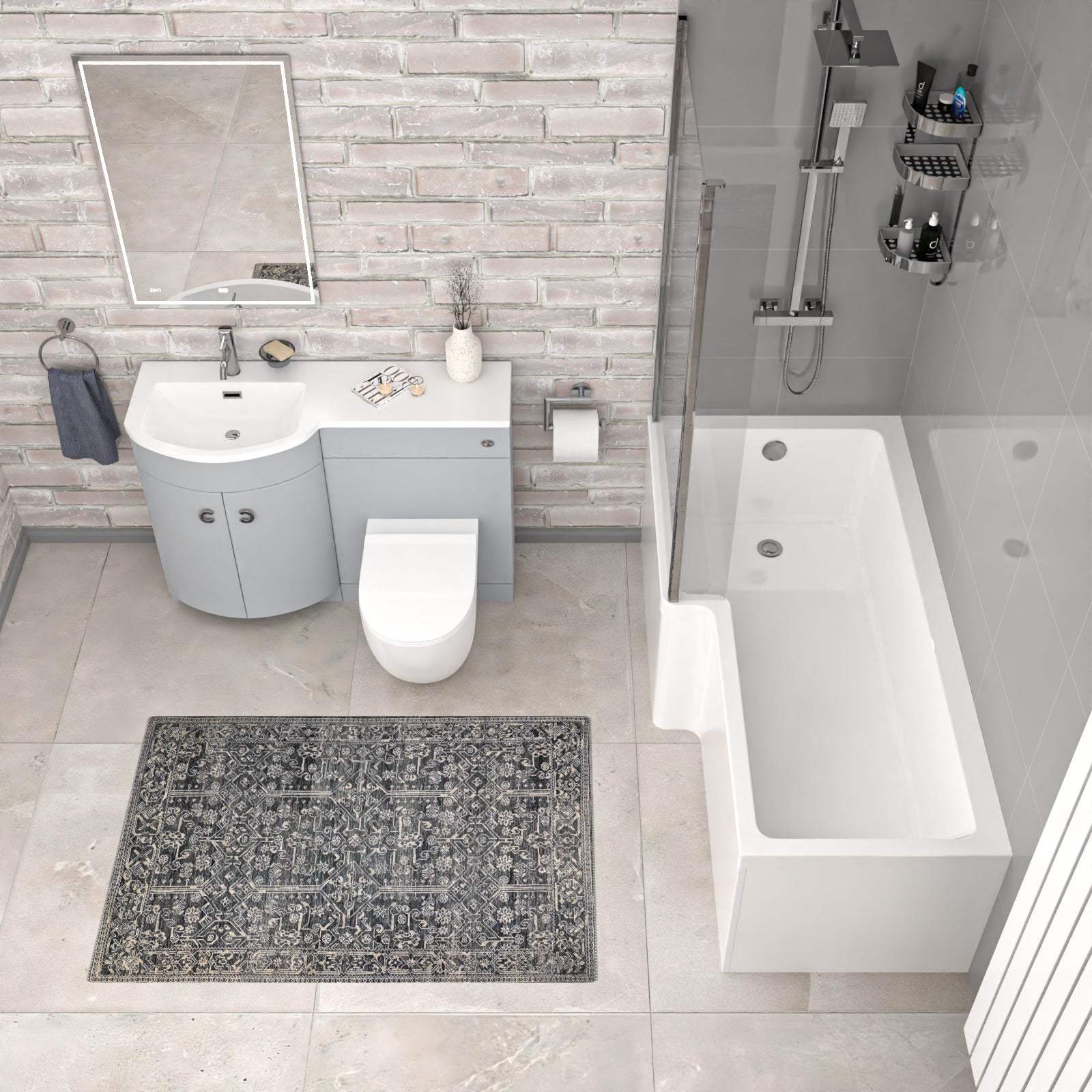 Dene L-Shaped LH Bath Matte Grey Basin Vanity Unit & White BTW Toilet