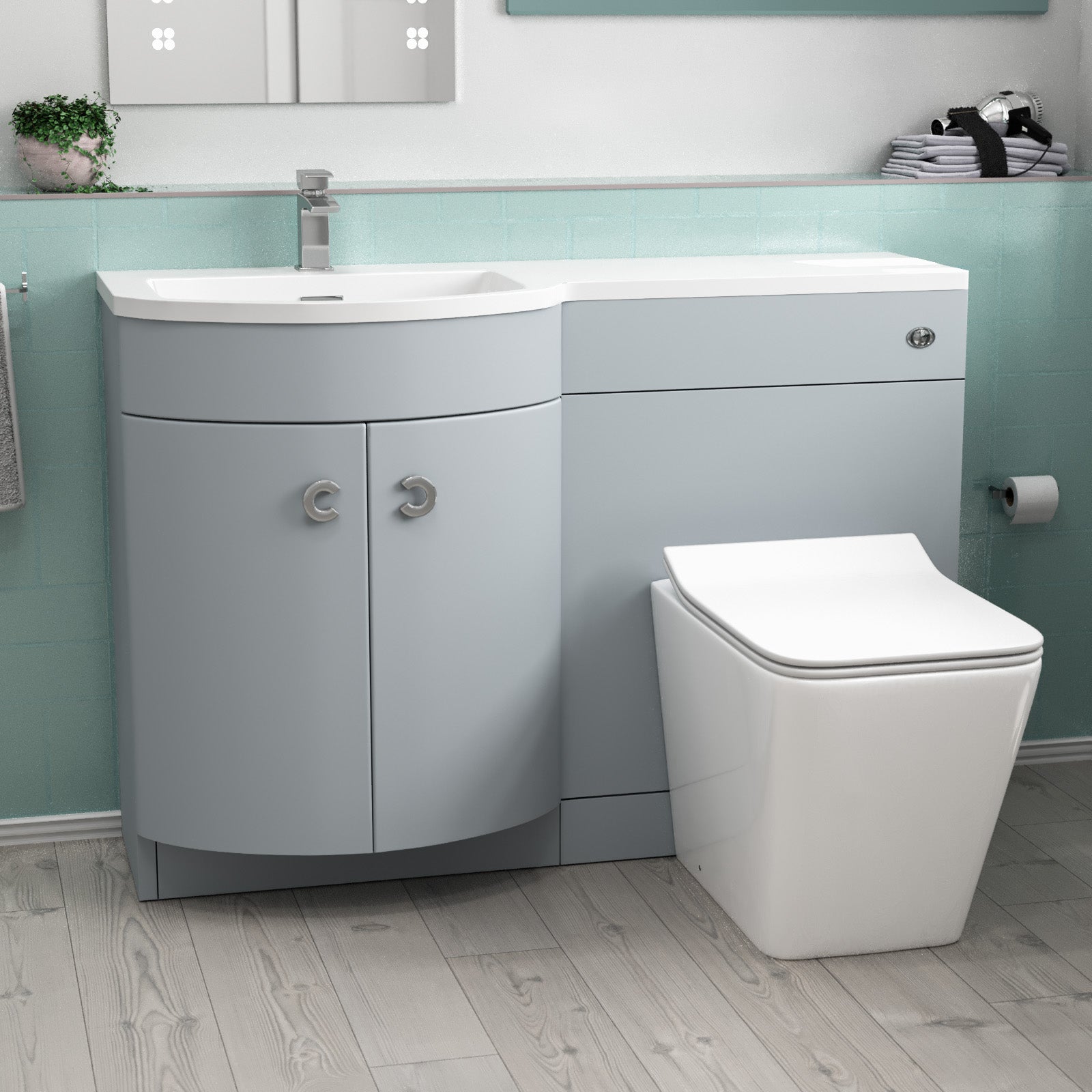 Dene Matte Grey 1100mm P-Shape Left Hand Basin Vanity WC Unit & BTW Toilet