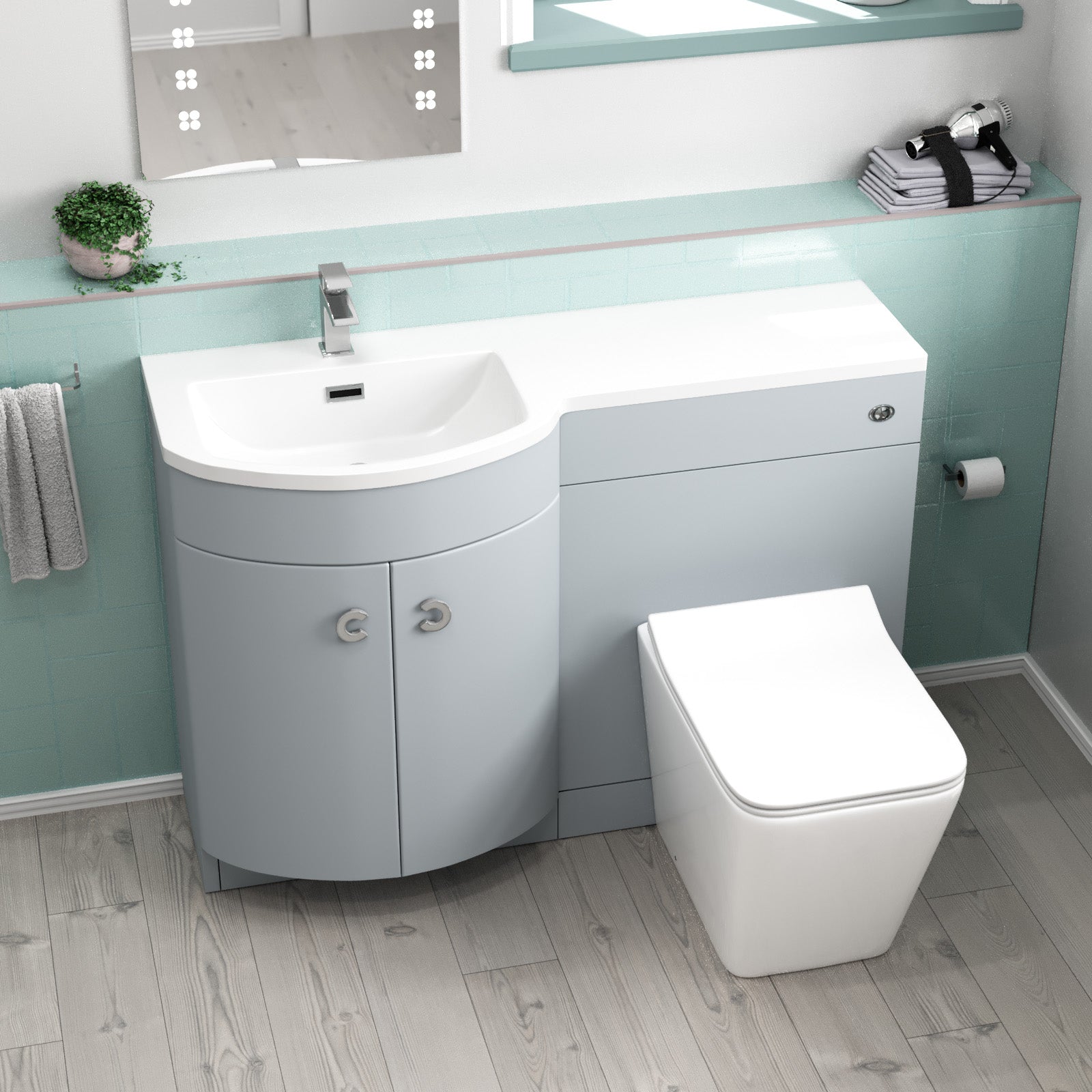 Dene Matte Grey 1100mm P-Shape Left Hand Basin Vanity WC Unit & BTW Toilet