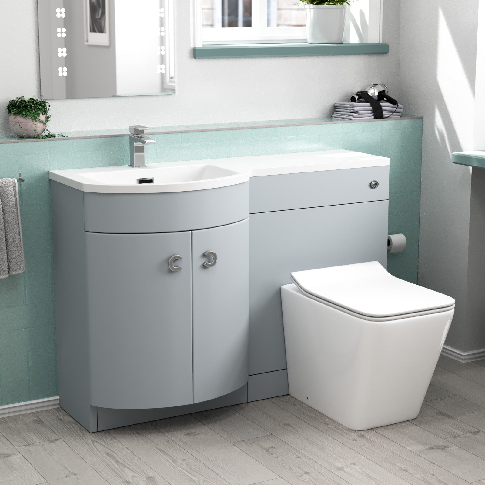 Dene Matte Grey 1100mm P-Shape Left Hand Basin Vanity WC Unit & BTW Toilet