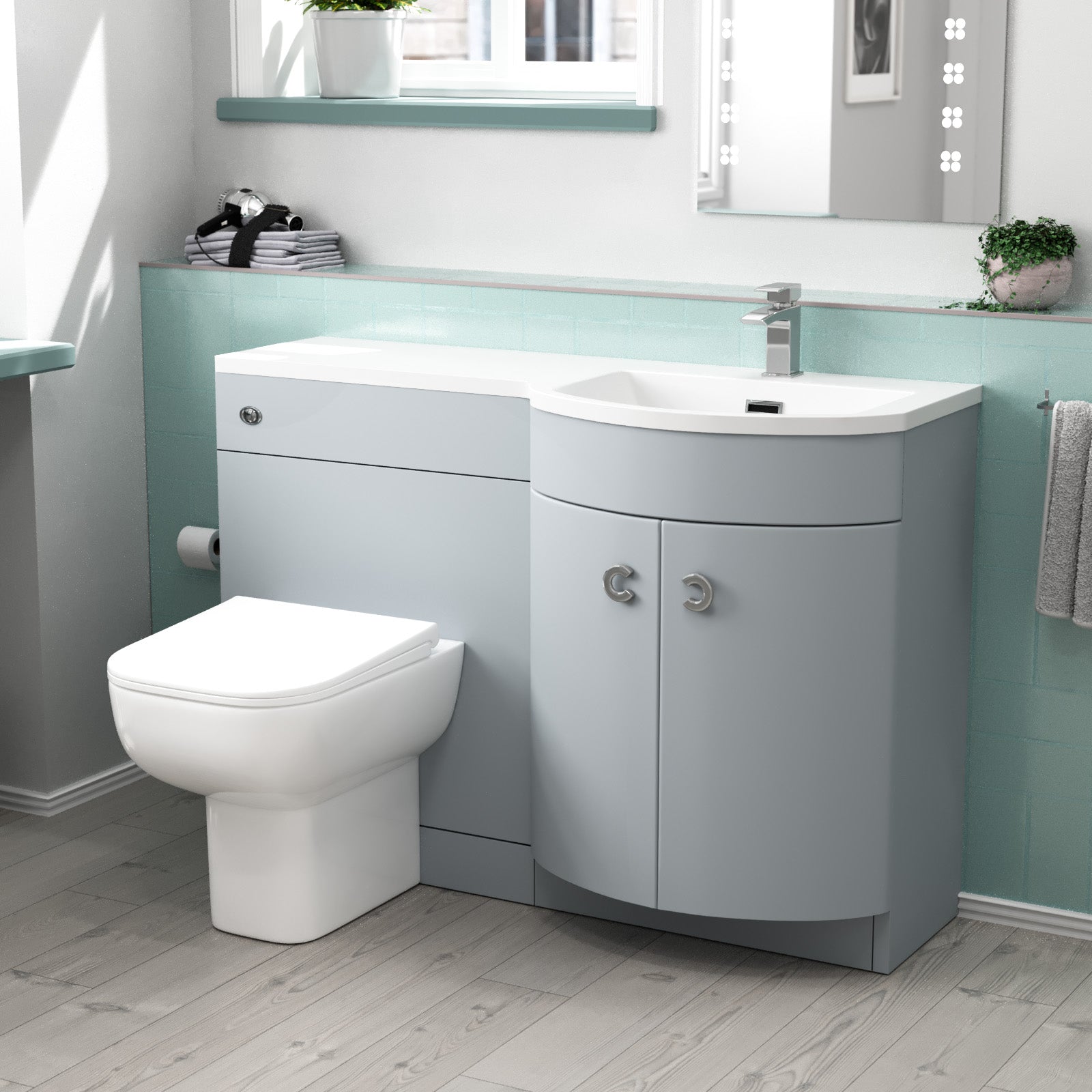 Dene Matte Grey 1100mm P Shaped RH Vanity Basin WC Unit & BTW Modern Toilet