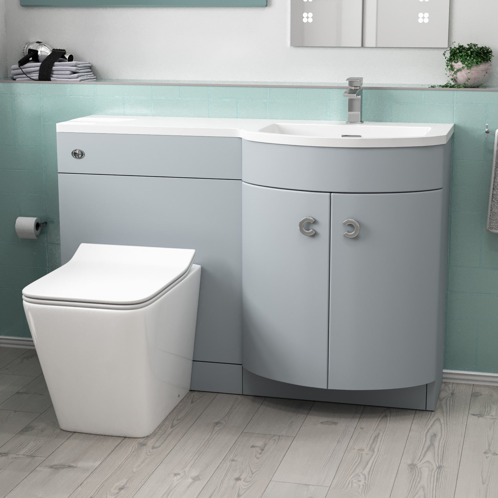 Dene Matte Grey 1100mm P-Shape Right Hand Basin Vanity WC Unit & BTW Toilet