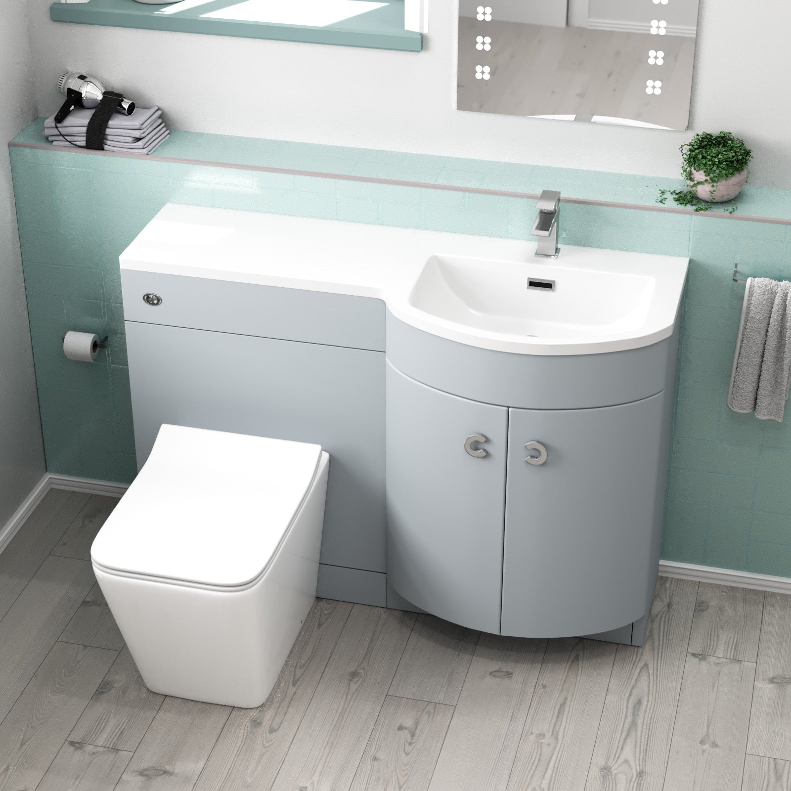 Dene Matte Grey 1100mm P-Shape Right Hand Basin Vanity WC Unit & BTW Toilet