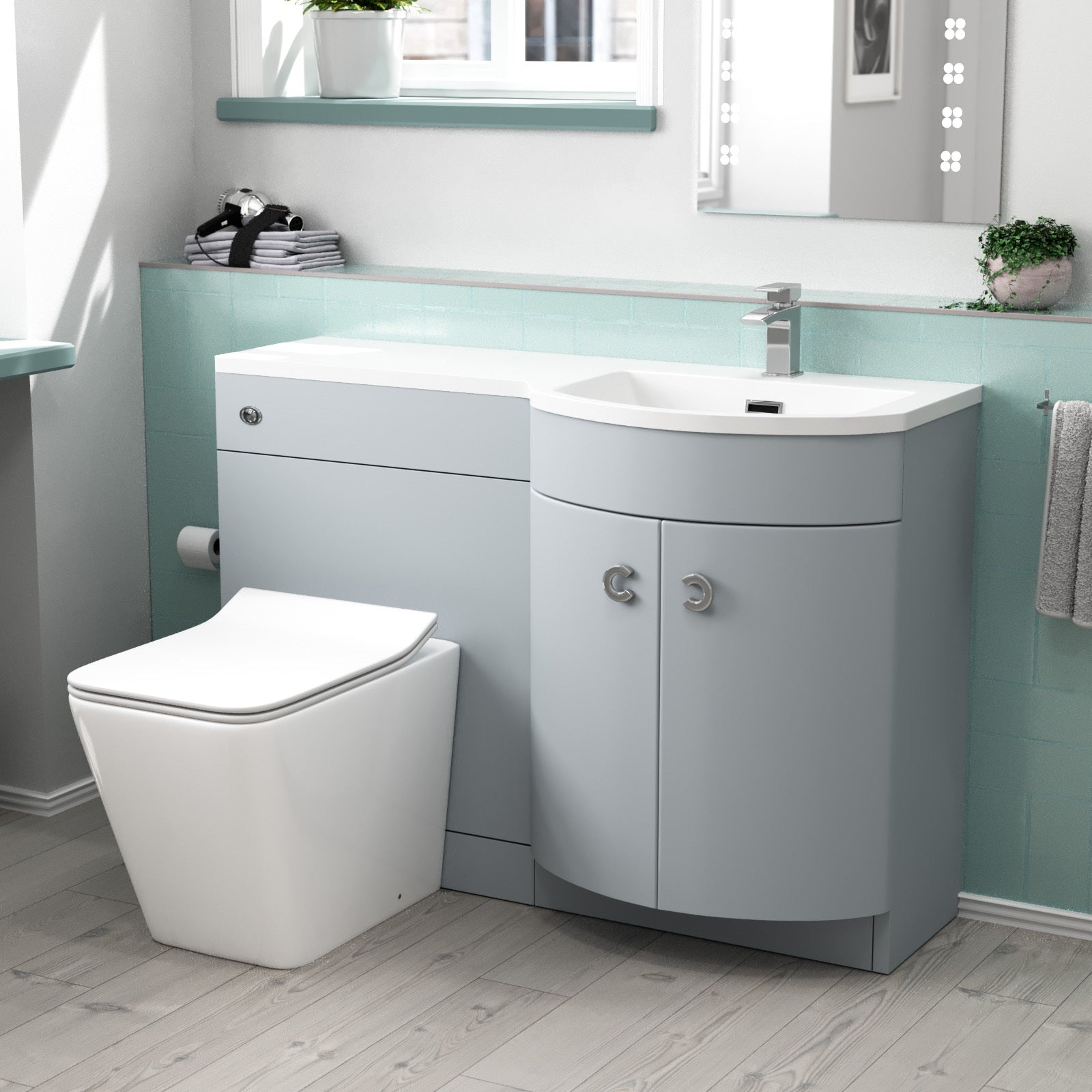 Dene Matte Grey 1100mm P-Shape Right Hand Basin Vanity WC Unit & BTW Toilet