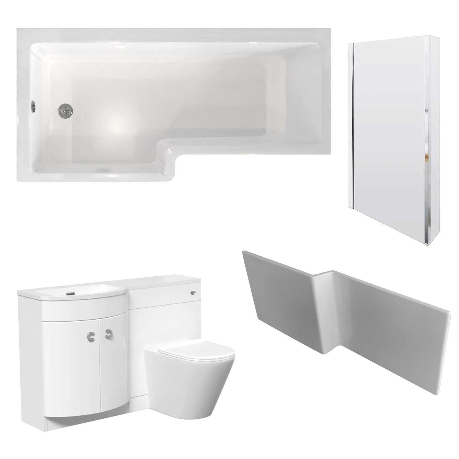 Dene L-Shaped LH Shower Bath White Basin Vanity Unit & Rimless BTW Toilet
