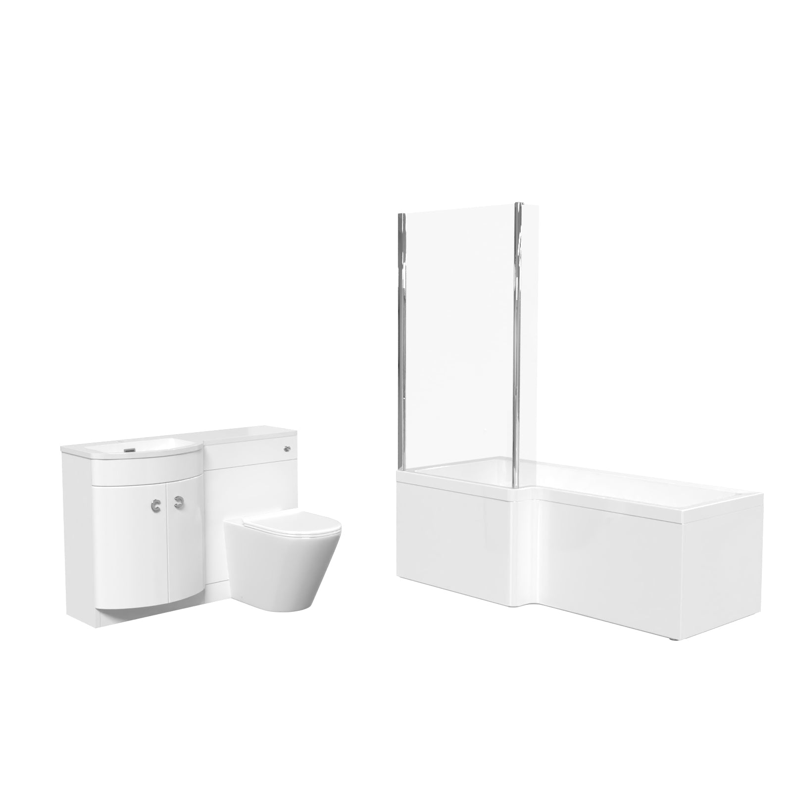 Dene White L-Shaped LH 1700mm Shower Bath Basin Vanity Unit & Rimless BTW Toilet