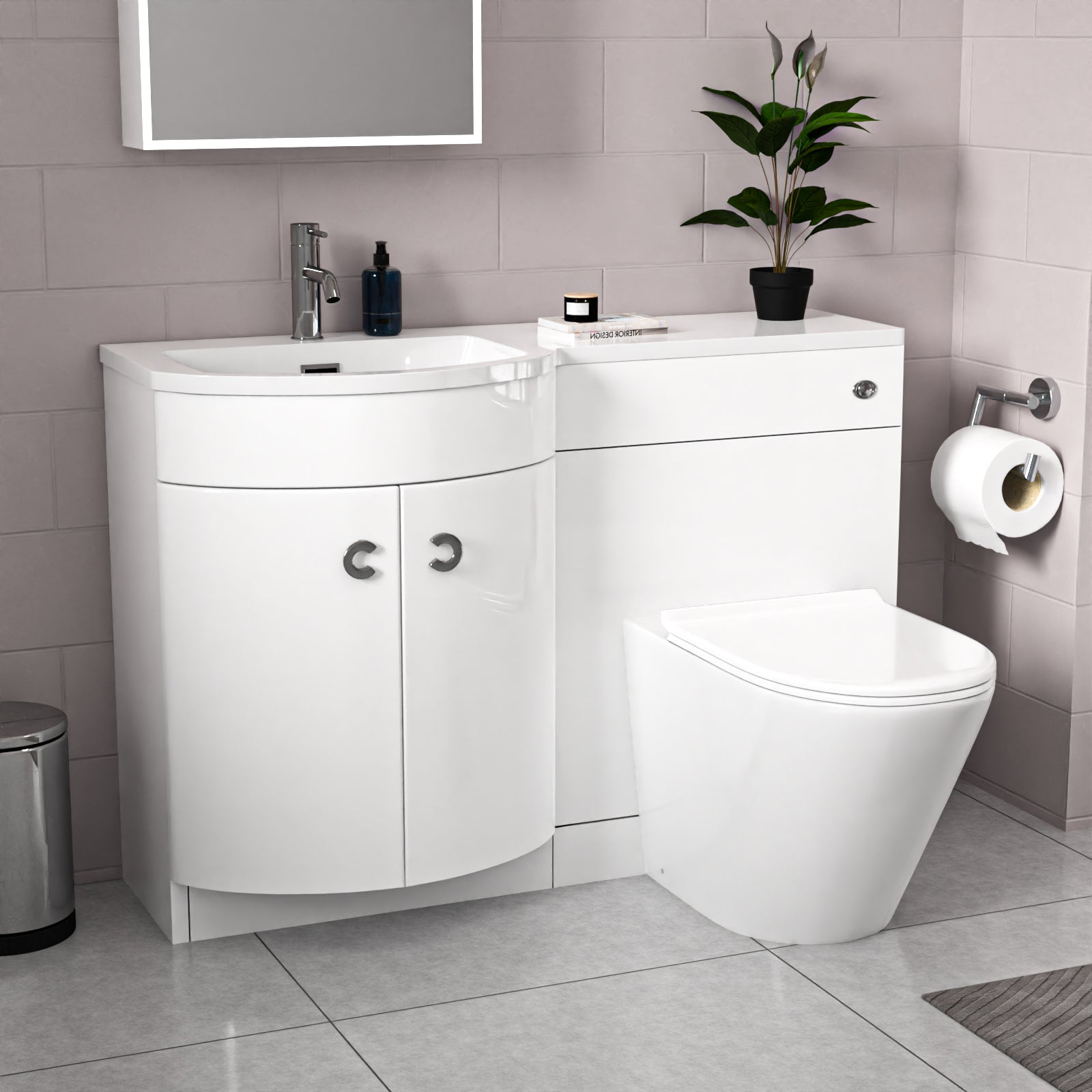 Dene L-Shaped LH Shower Bath White Basin Vanity Unit & Rimless BTW Toilet
