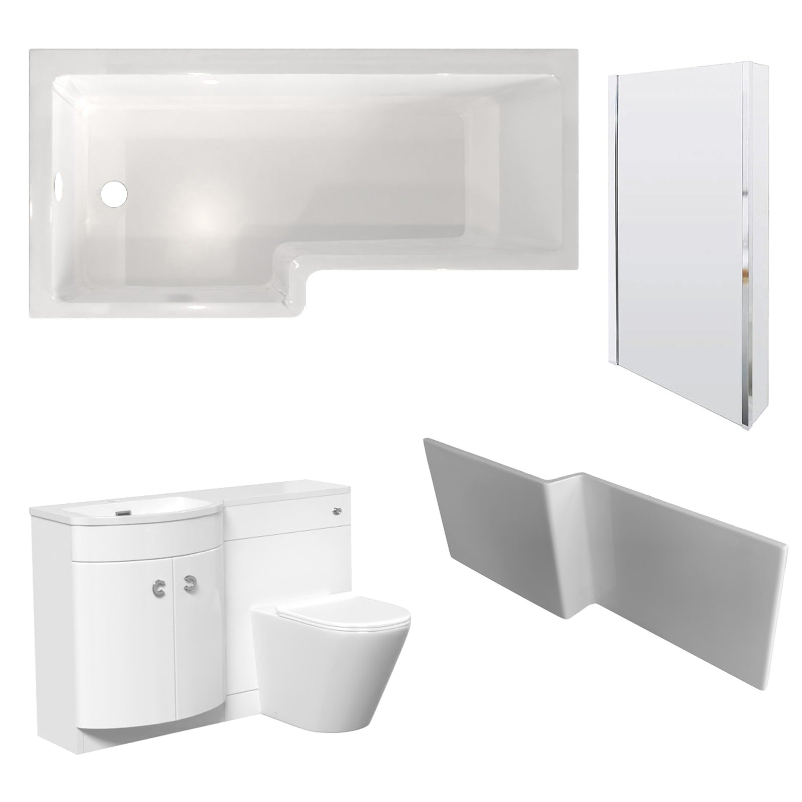 Dene L-Shaped LH Shower Bath White Basin Vanity Unit & Rimless BTW Toilet