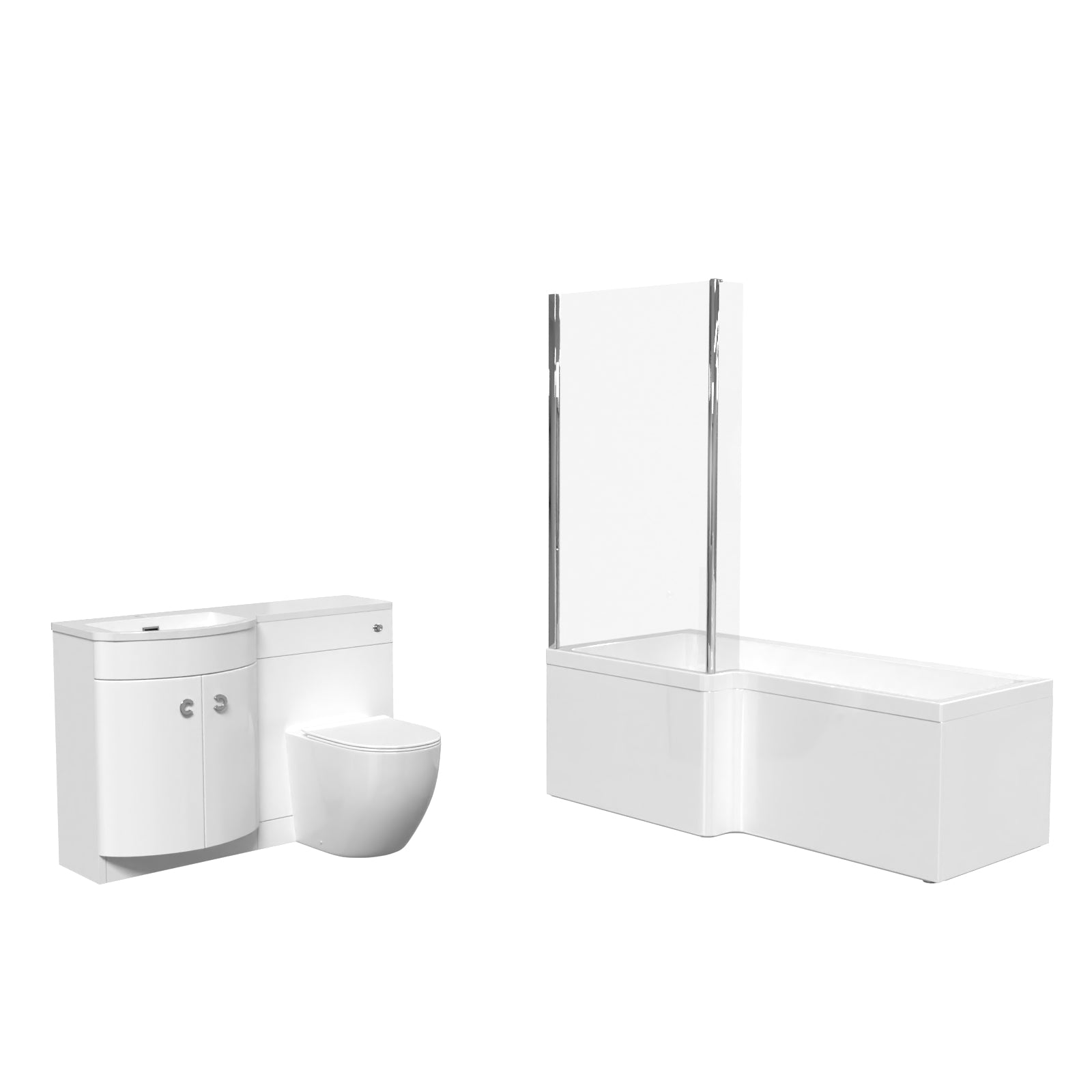 Dene White L-Shaped LH 1700mm Shower Bath Basin Vanity Unit & BTW Rimless Toilet