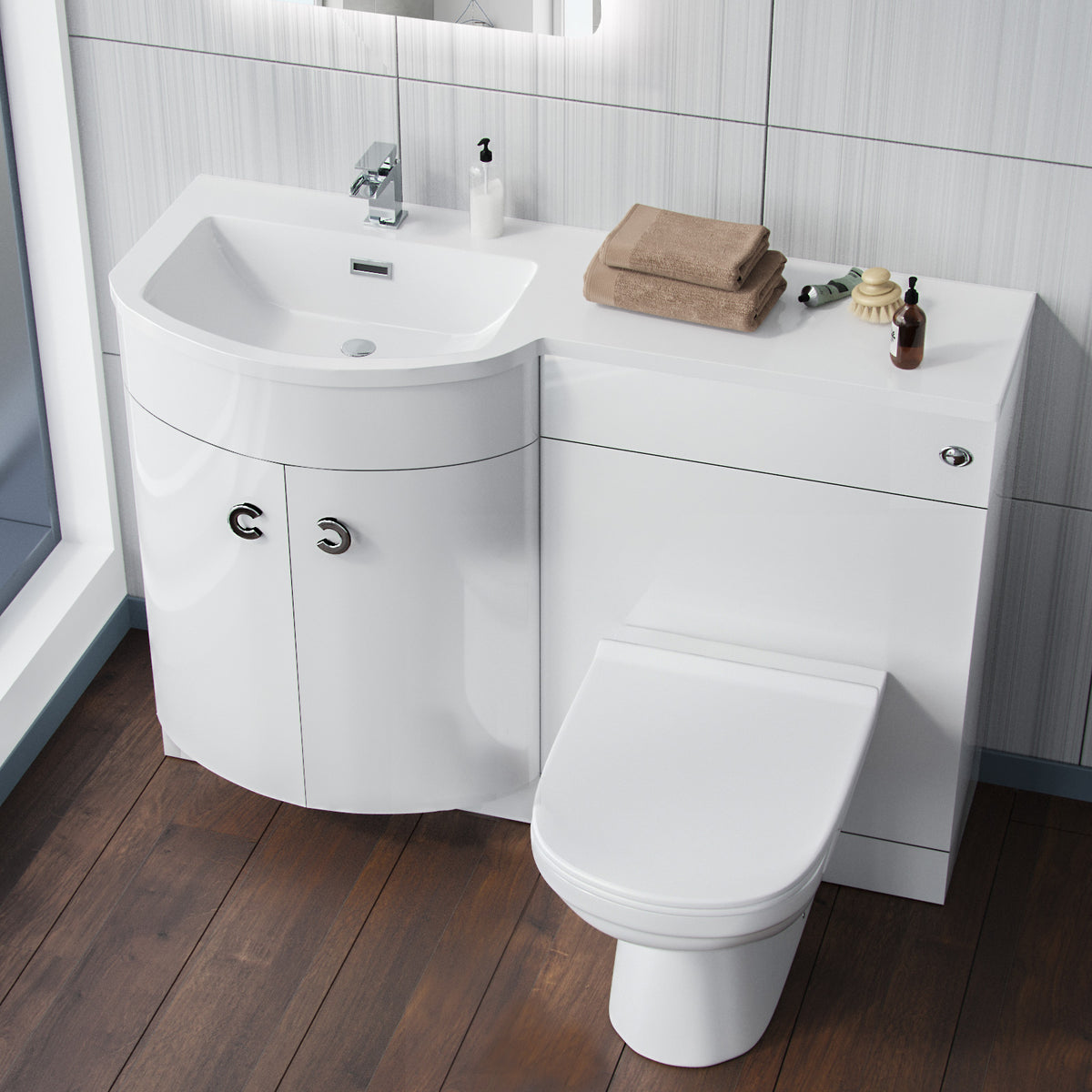 Dene White LH 1100mm Vanity Basin Unit White & Eslo Back to Wall Toilet