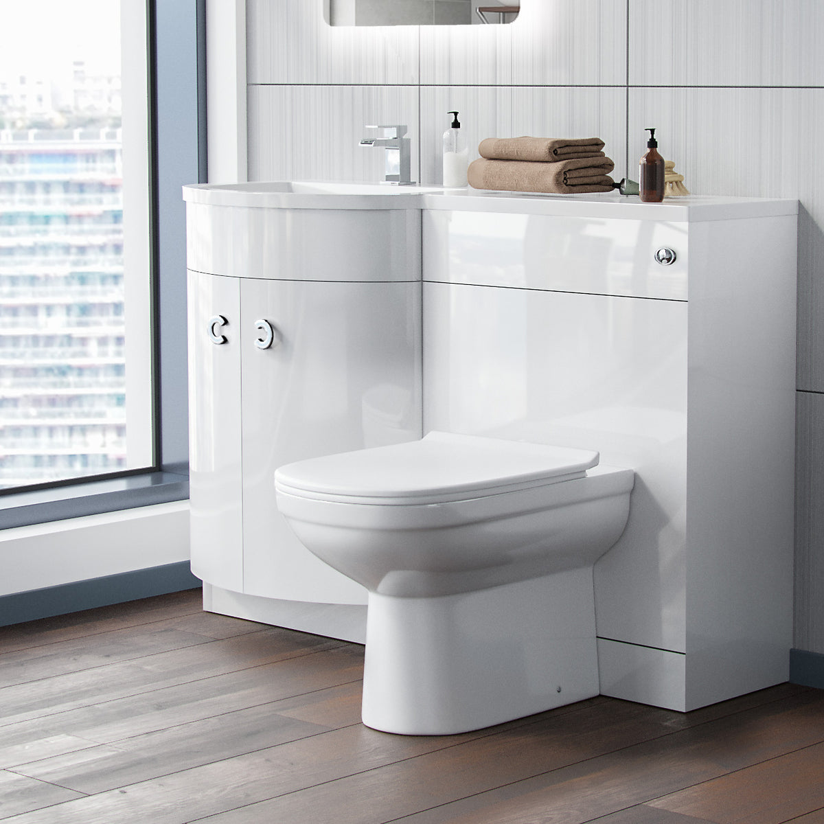 Dene White LH 1100mm Vanity Basin Unit White & Eslo Back to Wall Toilet