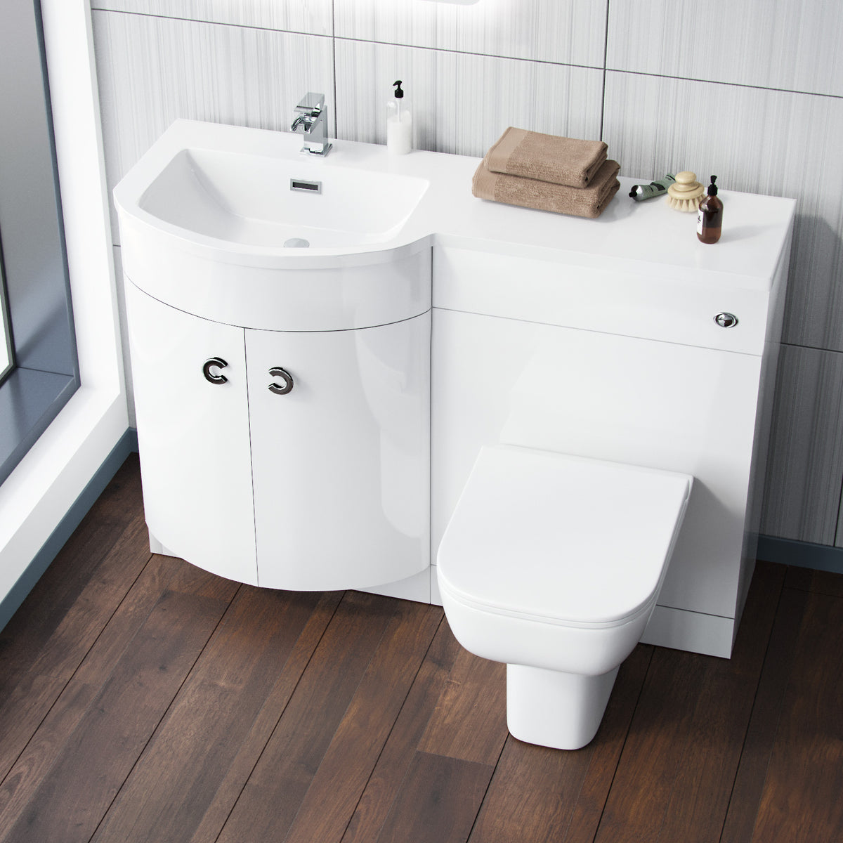 Dene 1100mm P Shaped LH White Vanity Basin Cabinet and Wc BTW Toilet Unit