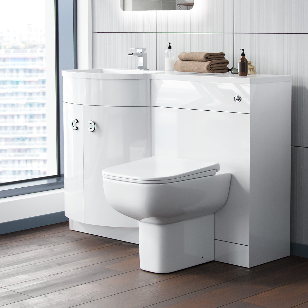Dene 1100mm P Shaped LH White Vanity Basin Cabinet and Wc BTW Toilet Unit