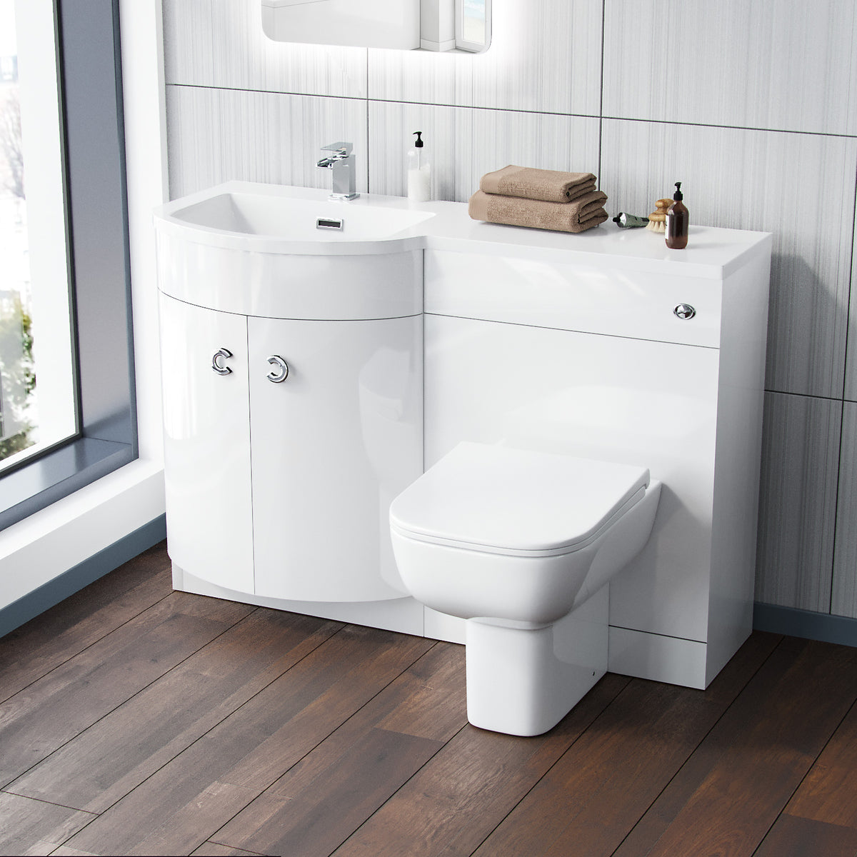 Dene 1100mm P Shaped LH White Vanity Basin Cabinet and Wc BTW Toilet Unit