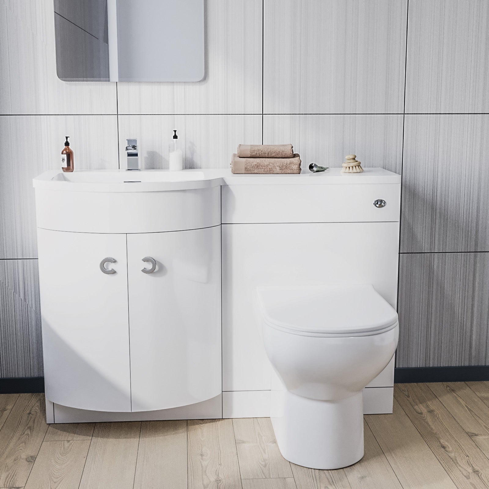 Bathroom setup with a white vanity unit and toilet