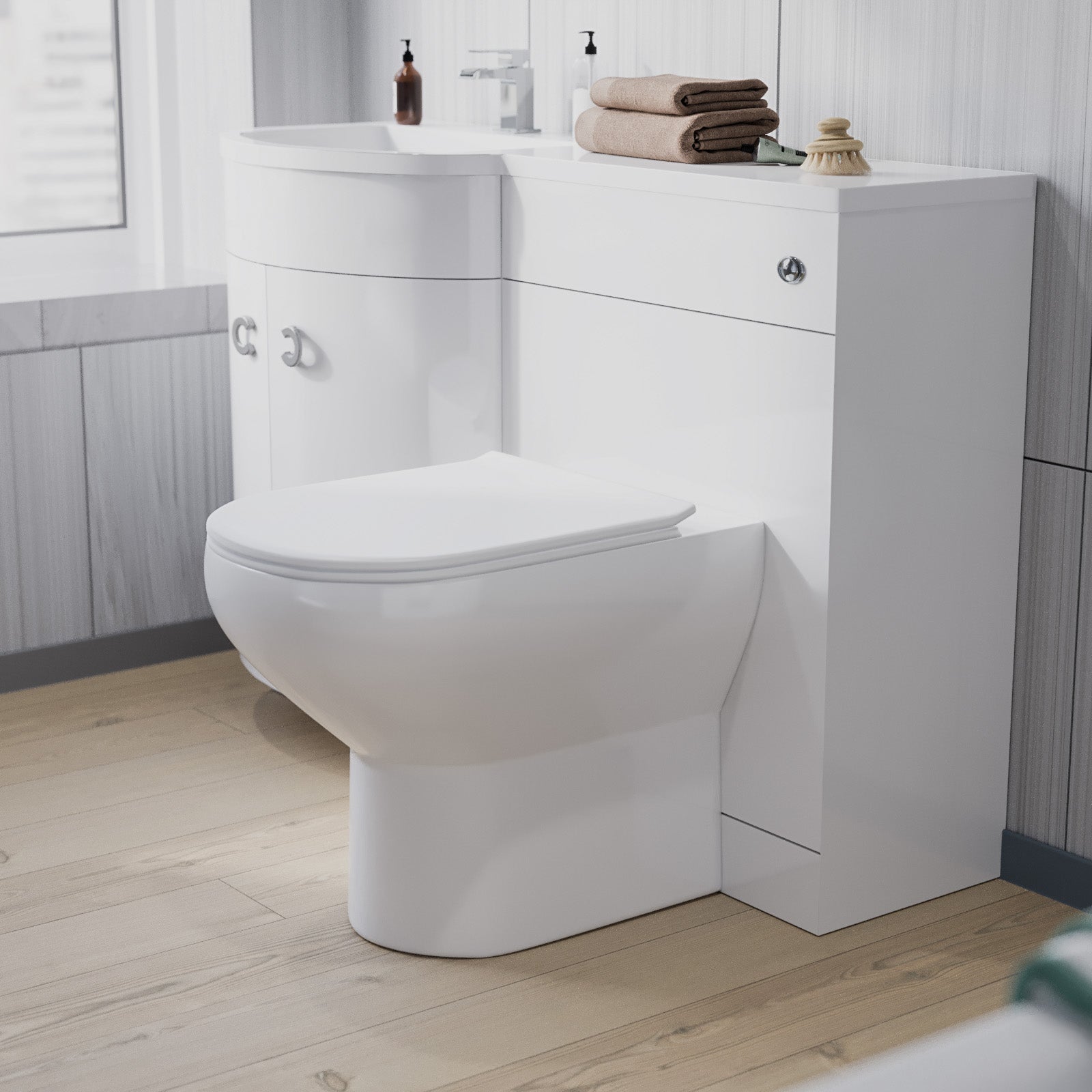 Modern white toilet with a cabinet in a bathroom setting