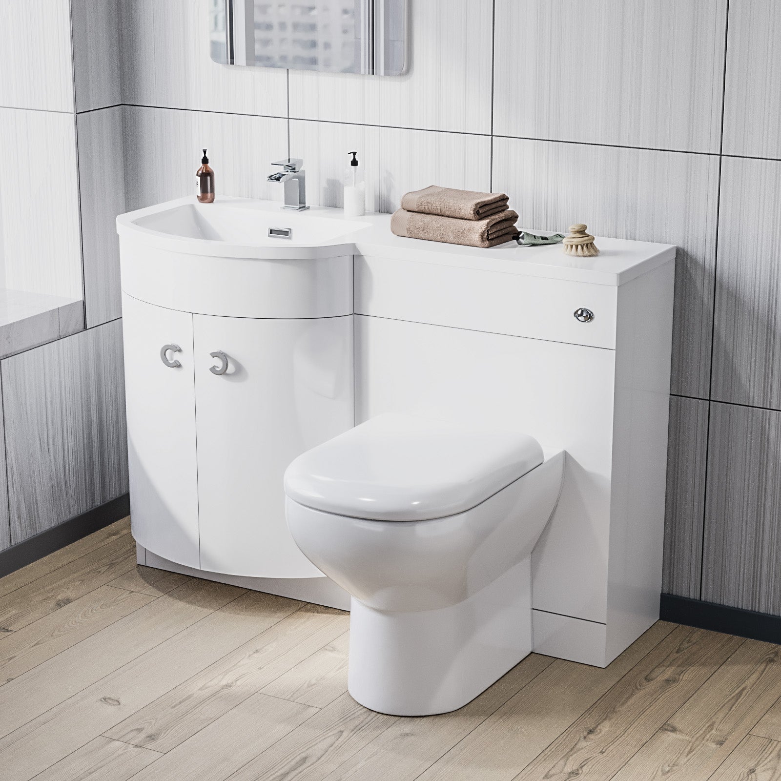 1100mm Left Hand Sink White Combination Vanity Unit with BTW Toilet
