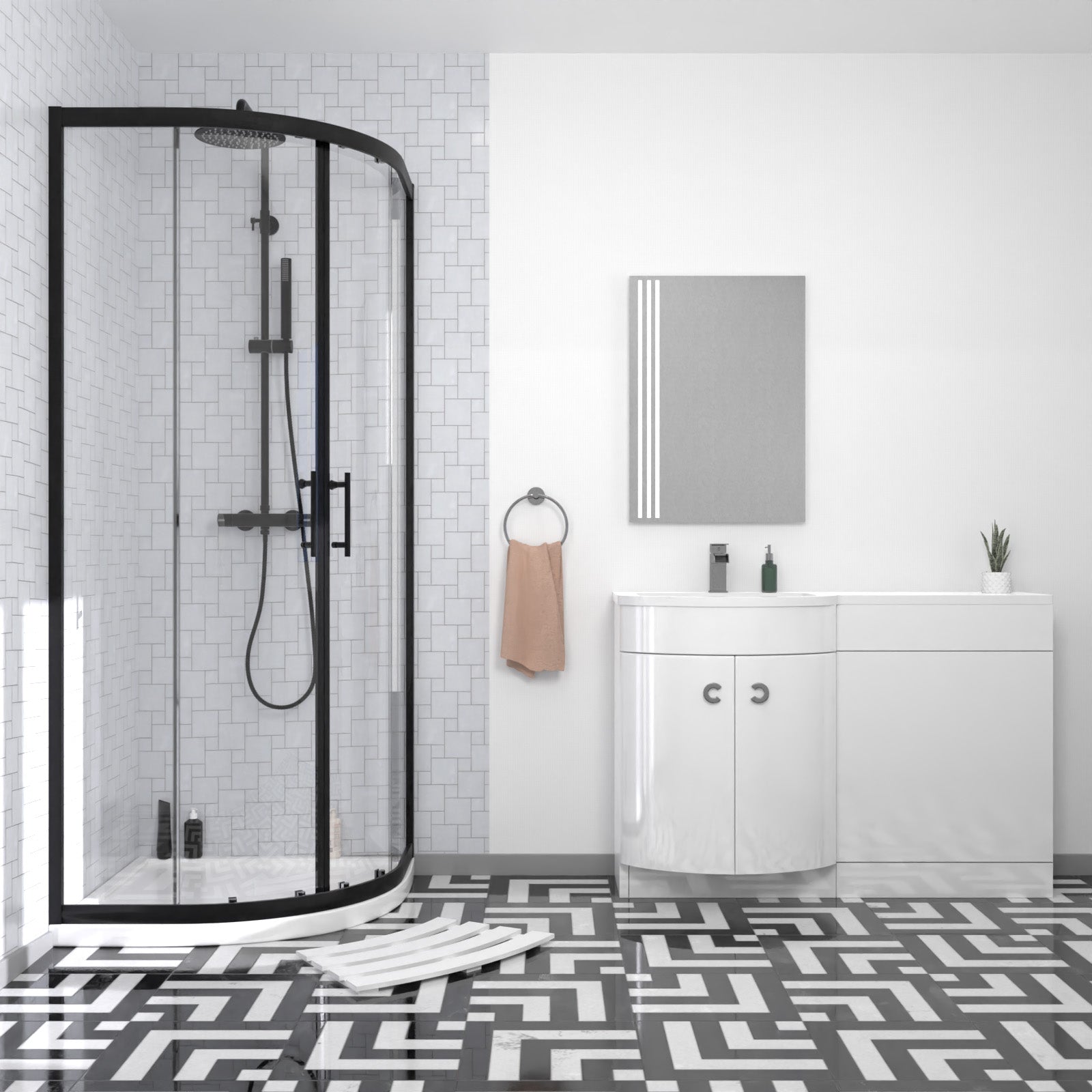 Elton Matte Black Quadrant 800mm Shower Enclosure & Left Hand Vanity Combination Unit