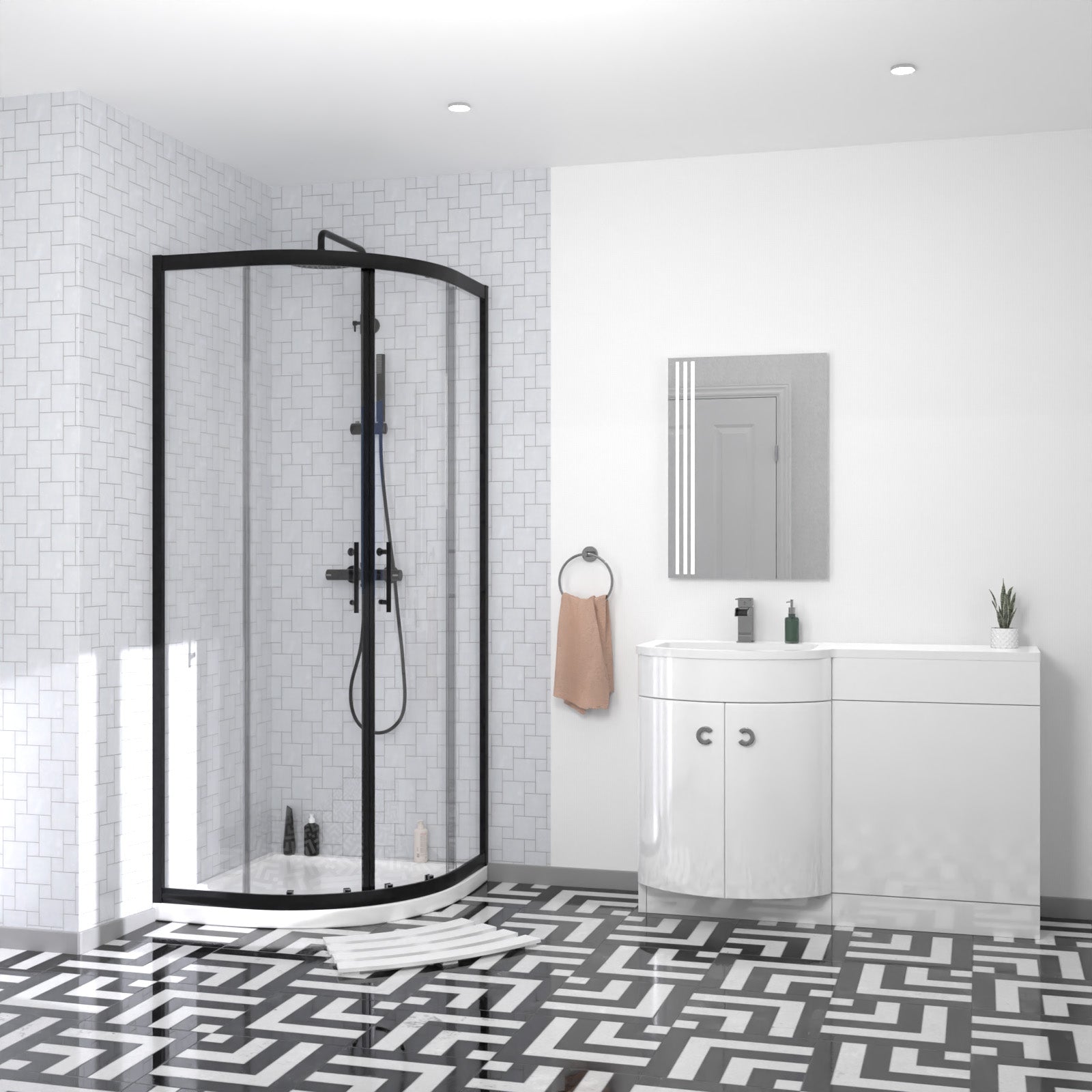 Elton Matte Black Quadrant 800mm Shower Enclosure & Left Hand Vanity Combination Unit