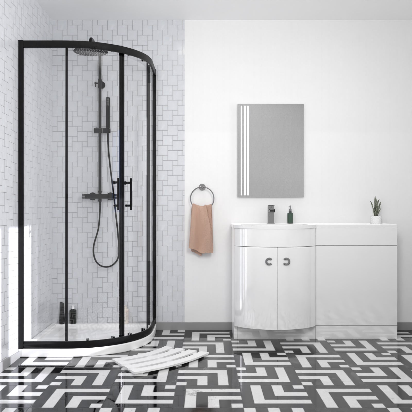 Elton Matte Black Quadrant 800mm Shower Enclosure & Left Hand Vanity Combination Unit