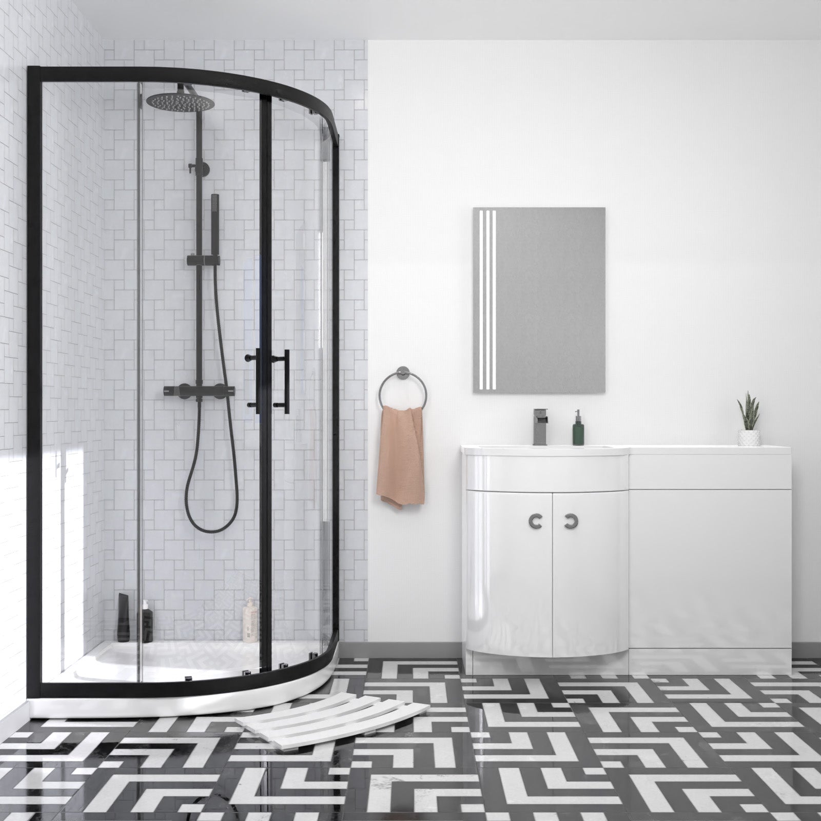 Elton Matte Black Quadrant 900mm Shower Enclosure & Left Hand Vanity Combination Unit