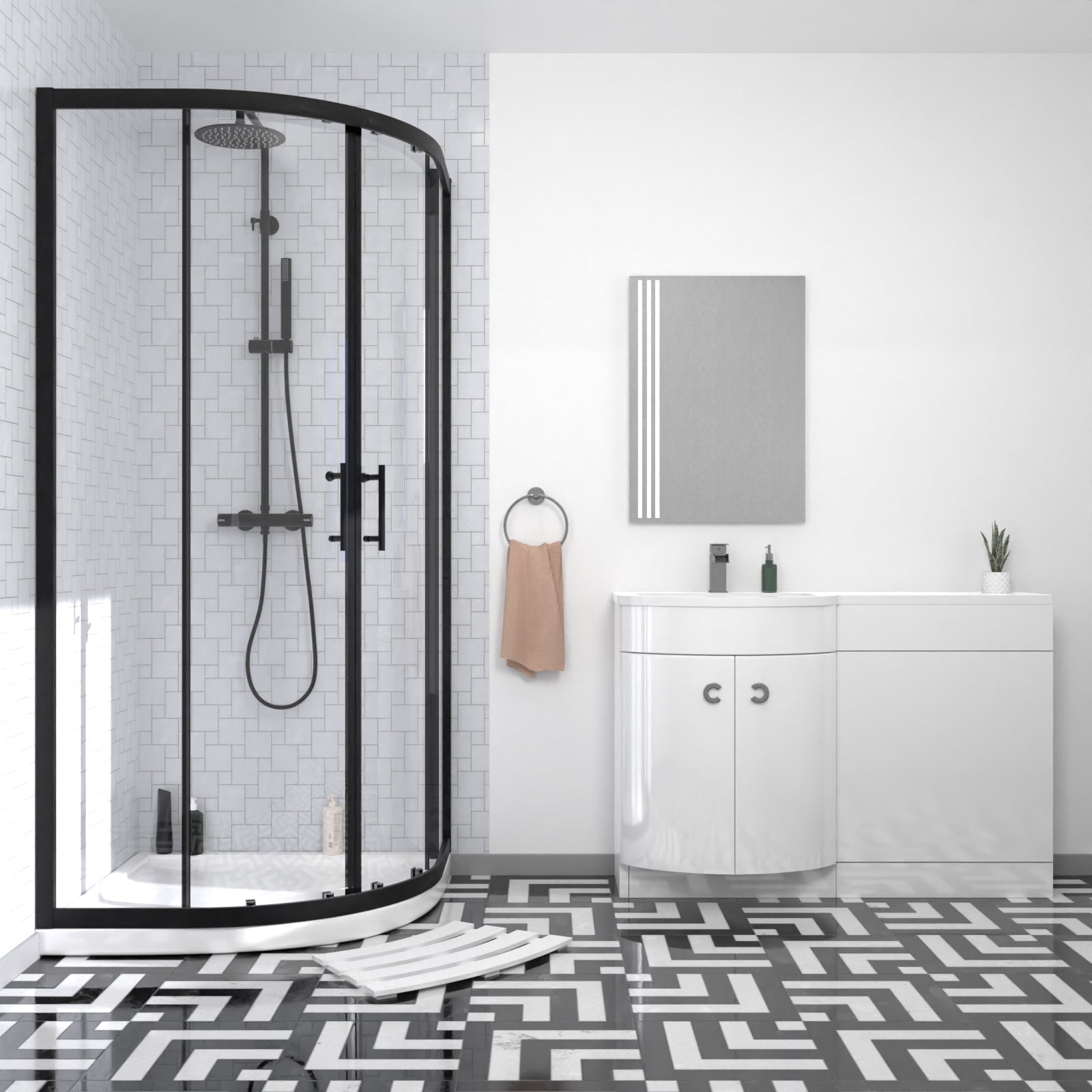 Elton Matte Black Quadrant 900mm Shower Enclosure & Left Hand Vanity Combination Unit