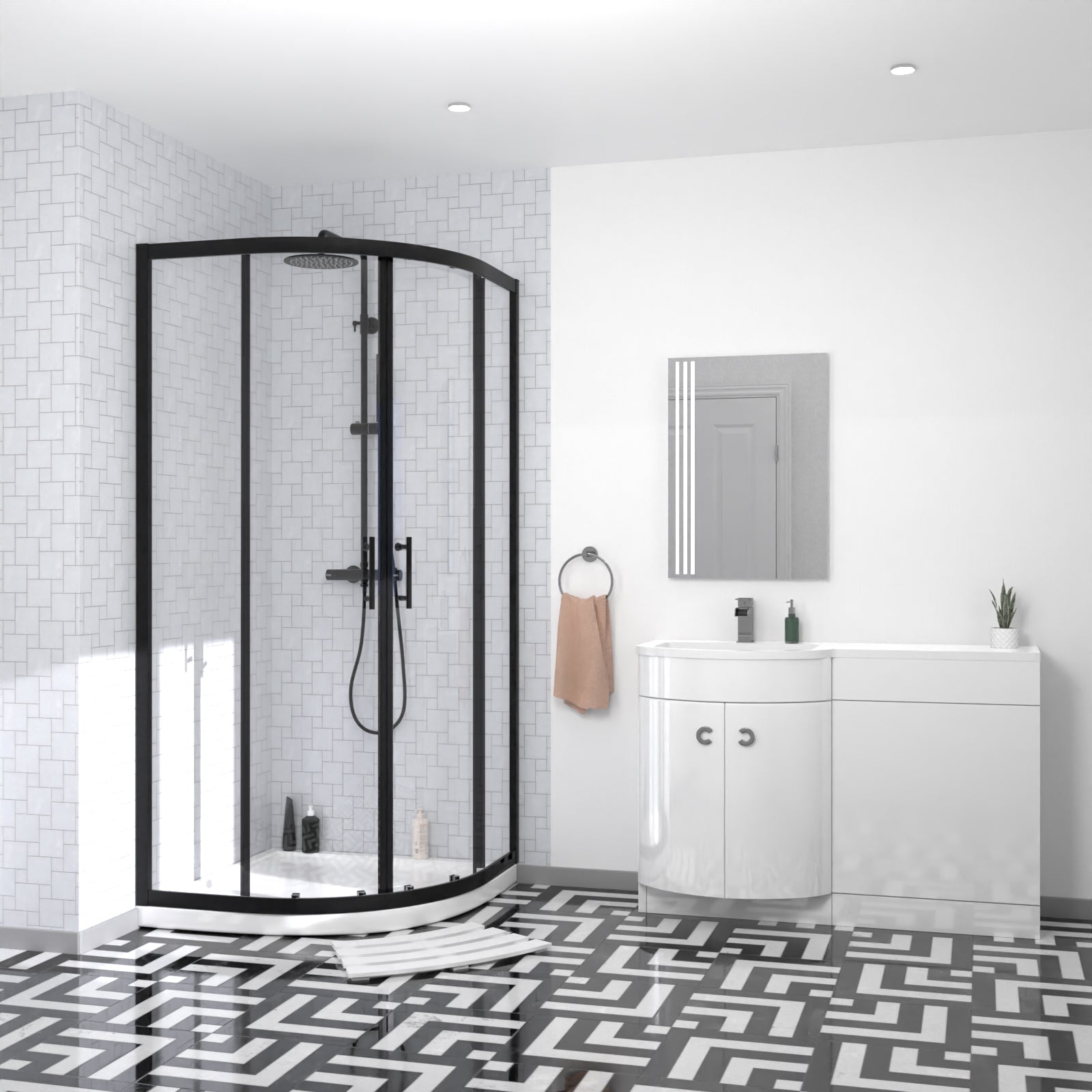 Elton Matte Black Quadrant 900mm Shower Enclosure & Left Hand Vanity Combination Unit