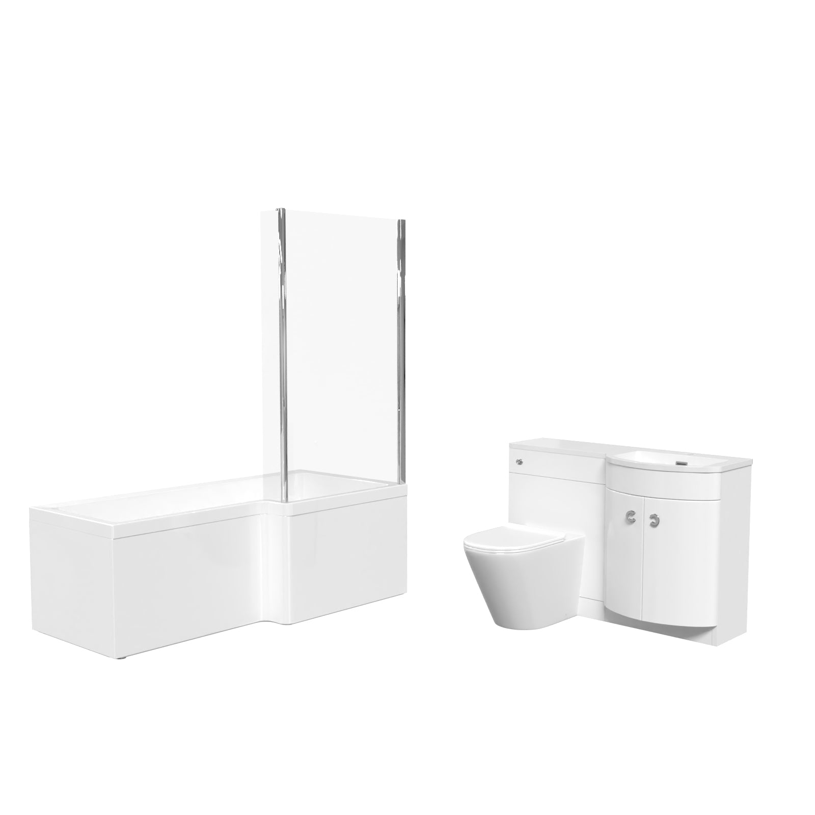 Dene L-Shaped RH Shower Bath White Basin Vanity Unit & Rimless BTW Toilet