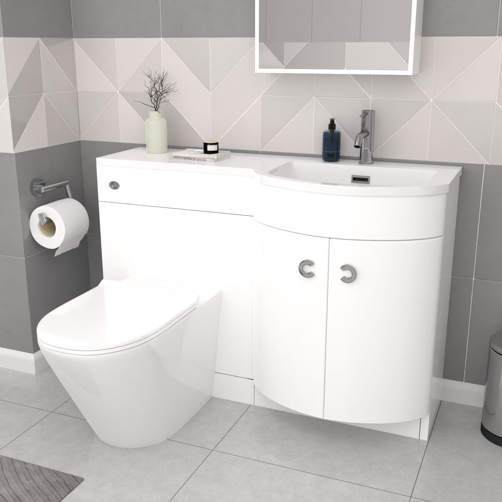 Dene L-Shaped RH Shower Bath White Basin Vanity Unit & Rimless BTW Toilet