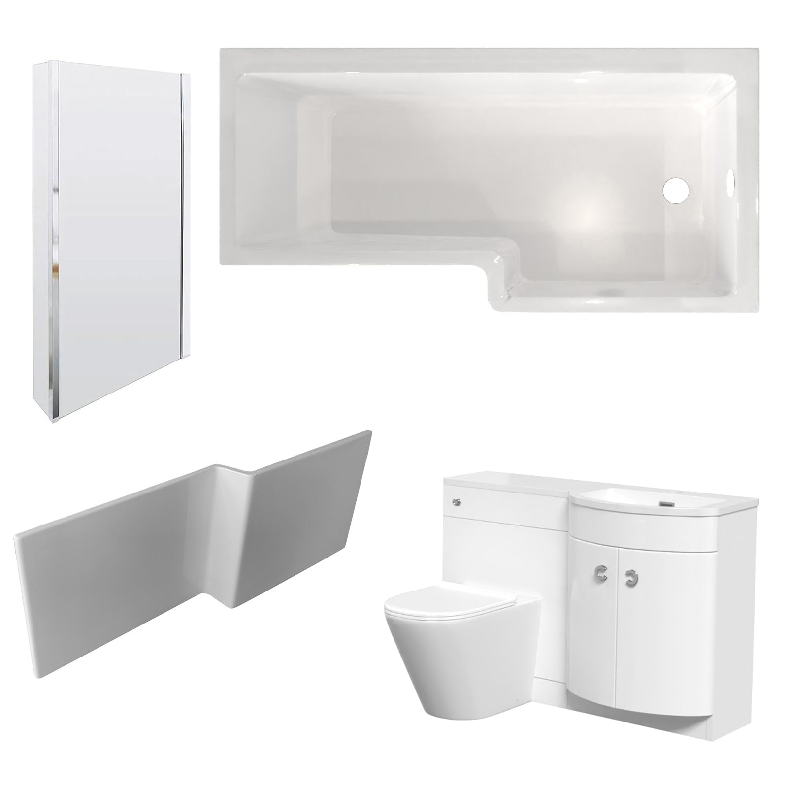 Dene L-Shaped RH Shower Bath White Basin Vanity Unit & Rimless BTW Toilet