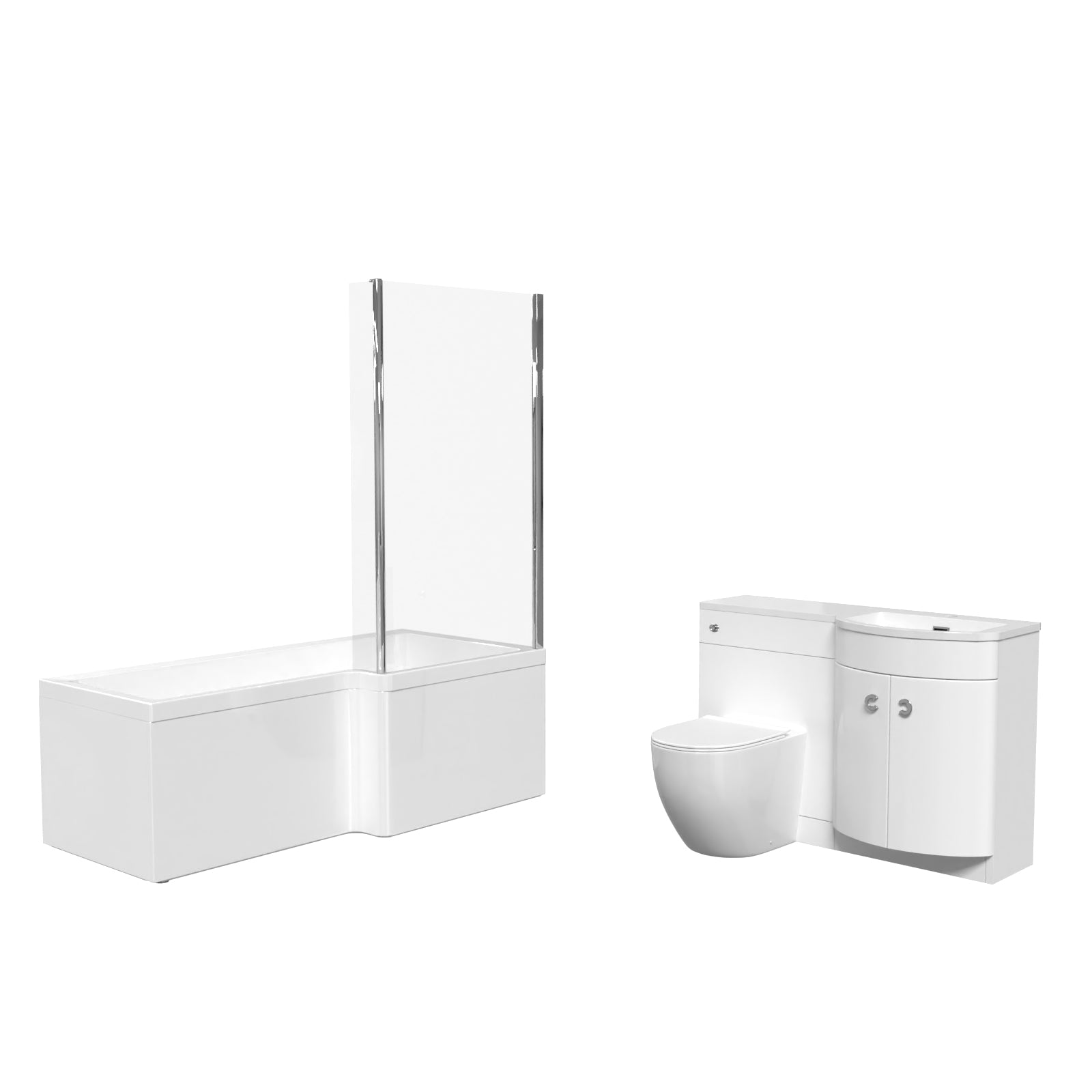 Dene L-Shaped RH Shower Bath White Basin Vanity Unit & BTW Rimless Toilet