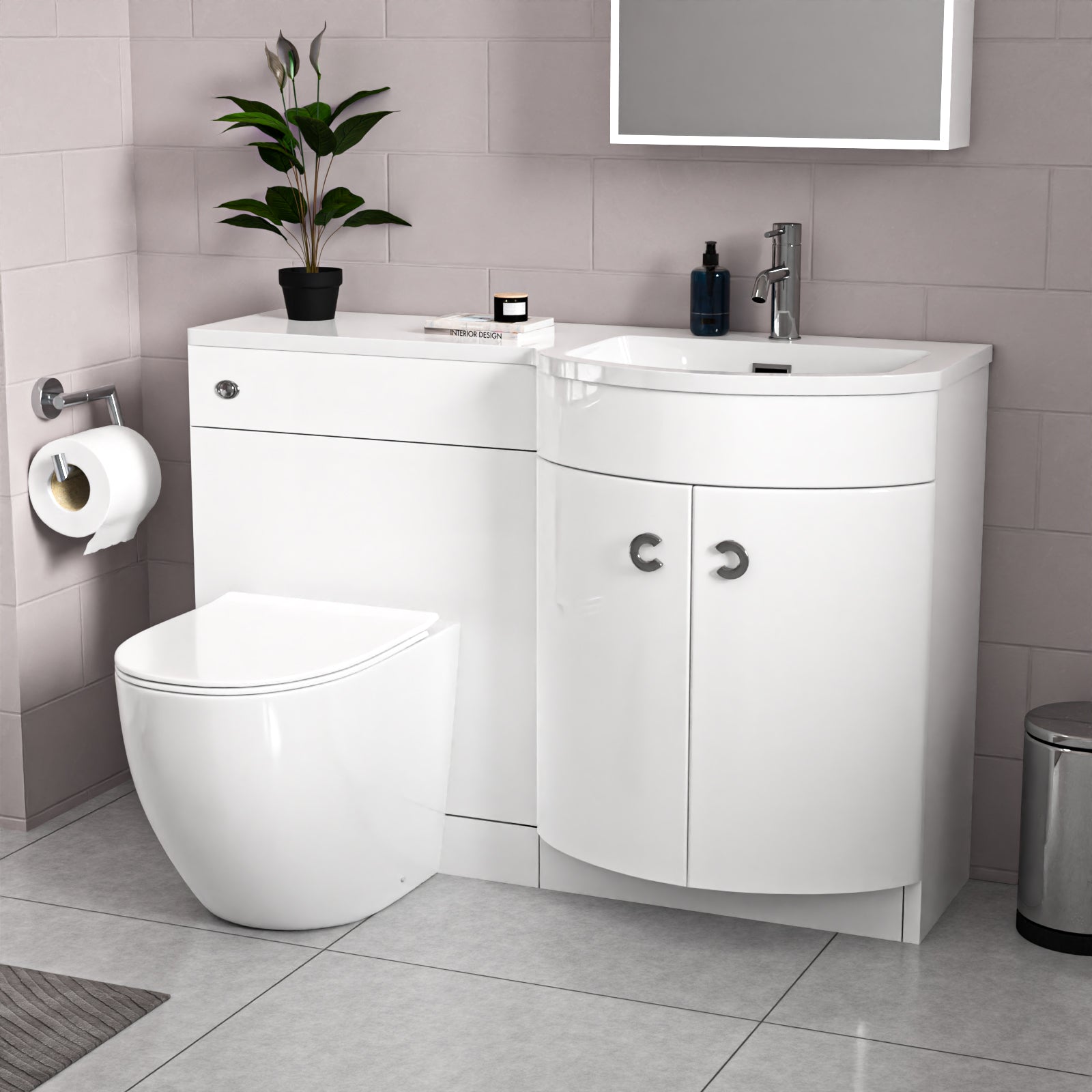 Dene L-Shaped RH Shower Bath White Basin Vanity Unit & BTW Rimless Toilet