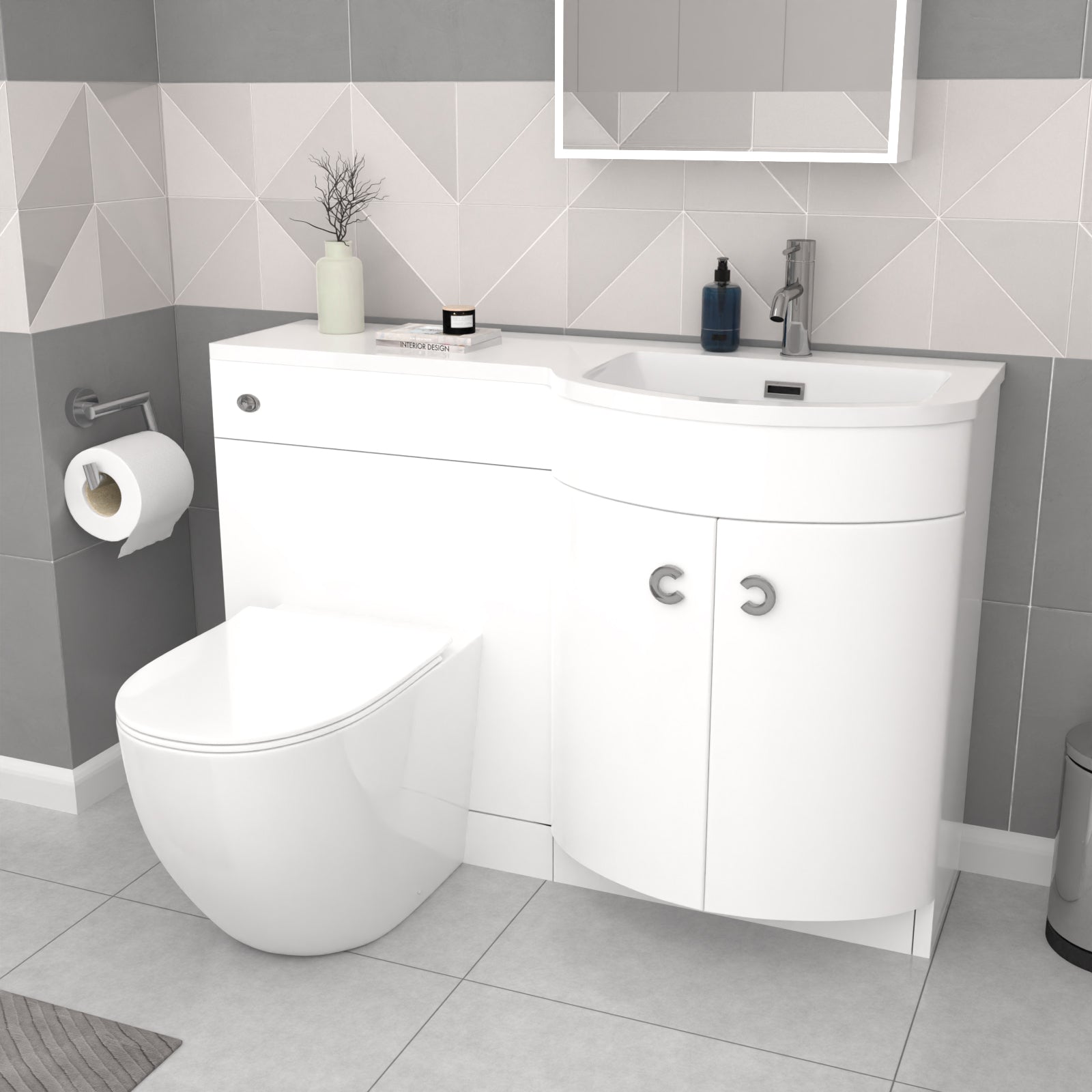 Dene L-Shaped RH Shower Bath White Basin Vanity Unit & BTW Rimless Toilet