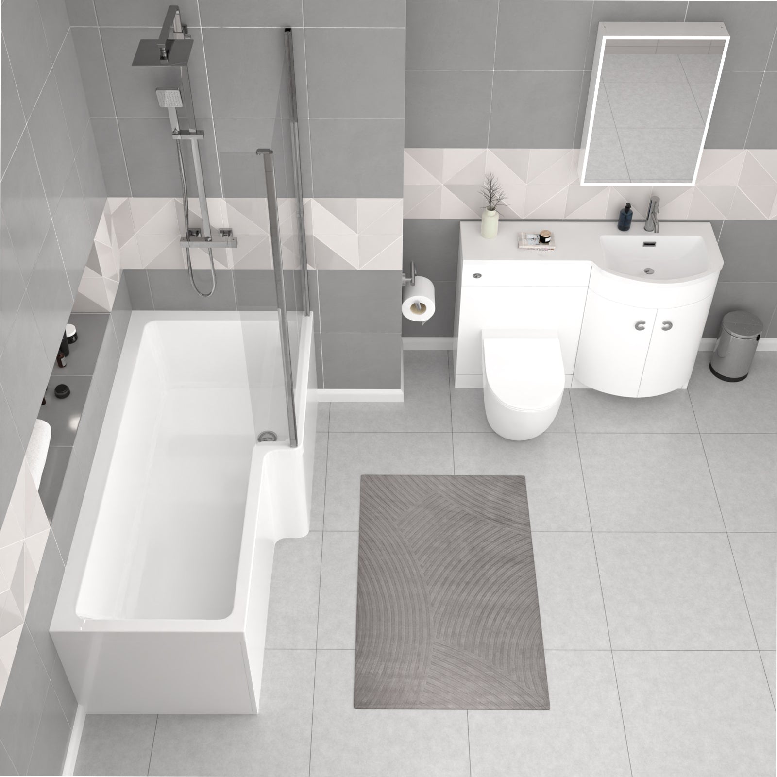 Dene L-Shaped RH Shower Bath White Basin Vanity Unit & BTW Rimless Toilet